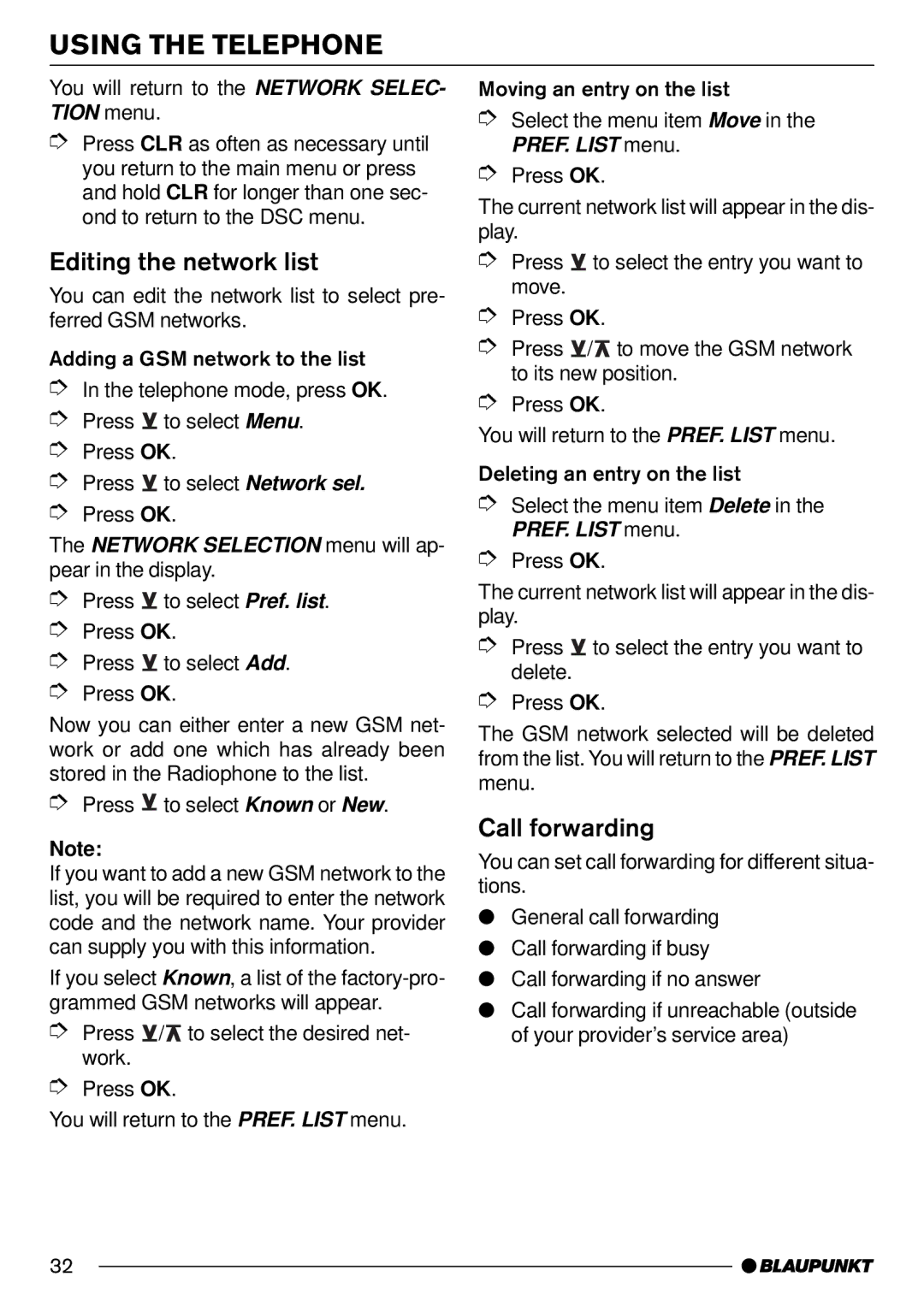 Blaupunkt AntaresT60 installation instructions Editing the network list, Call forwarding 