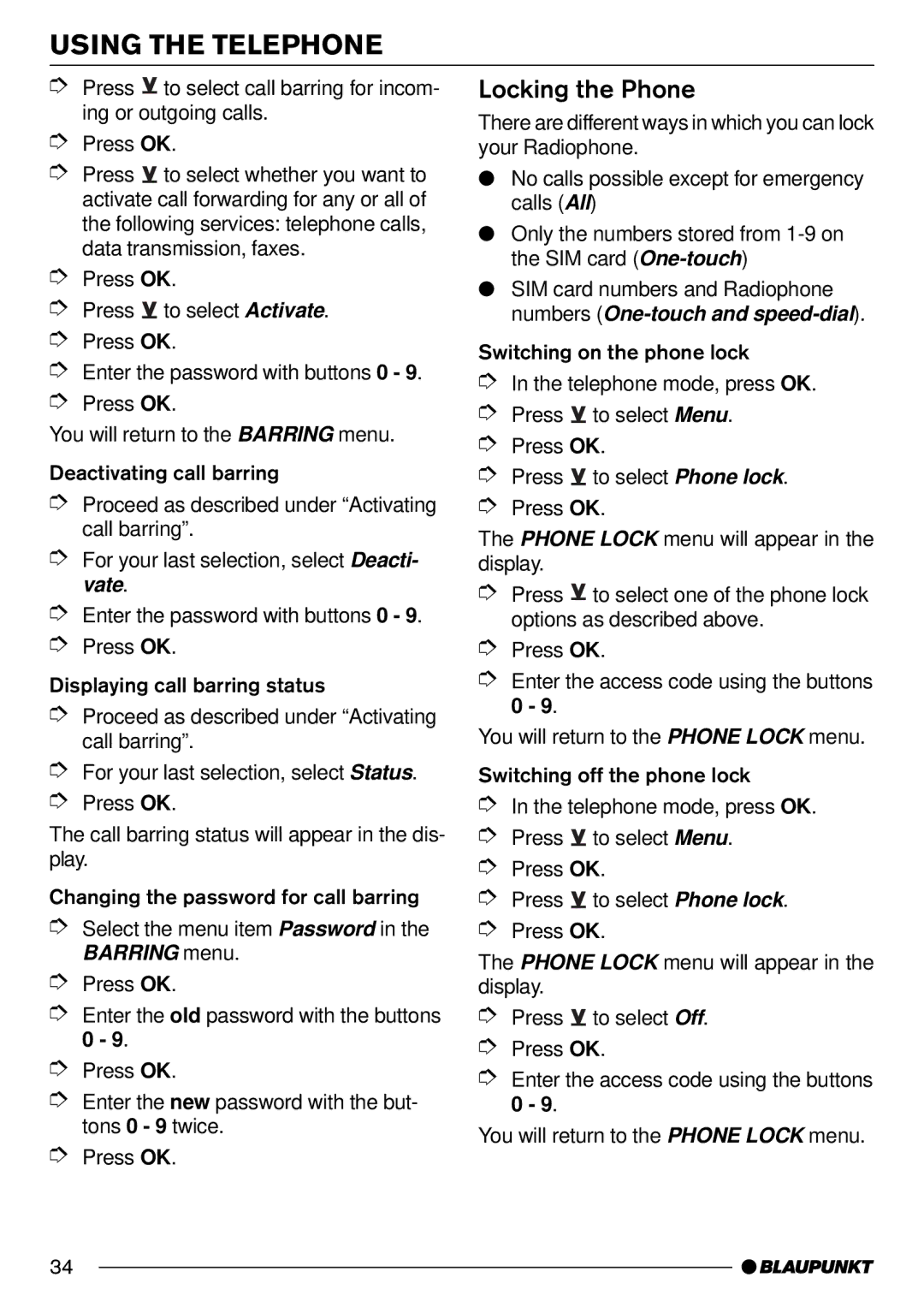 Blaupunkt AntaresT60 installation instructions Locking the Phone 