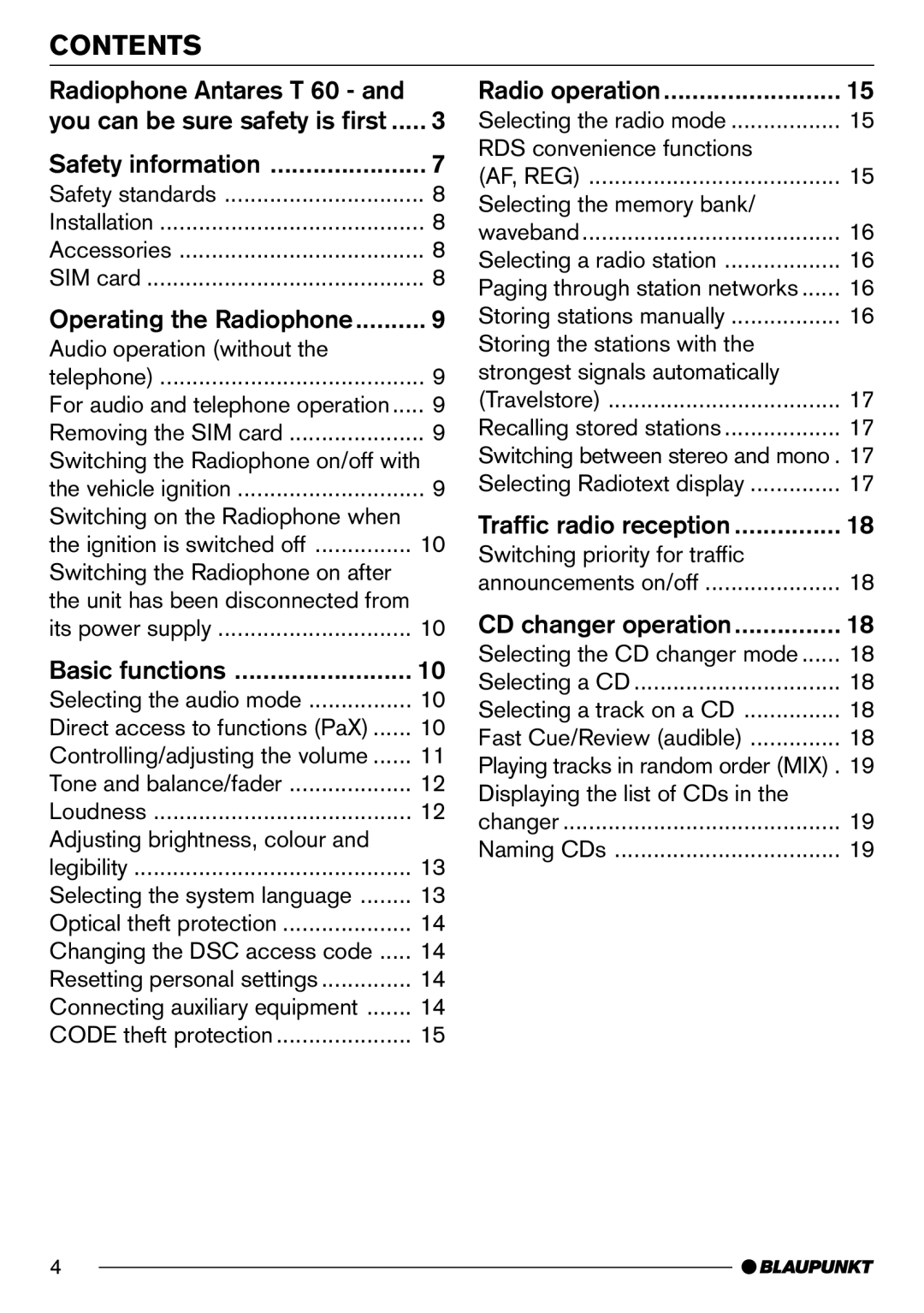 Blaupunkt AntaresT60 installation instructions Contents 