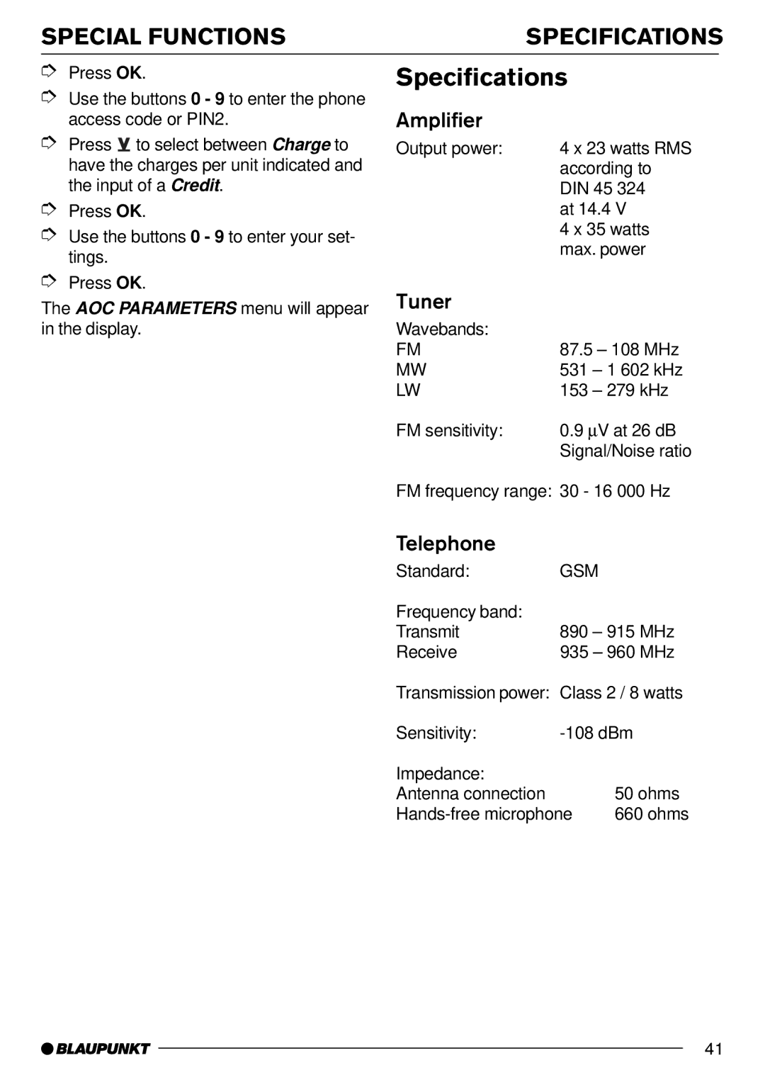 Blaupunkt AntaresT60 installation instructions Special Functions Specifications, Amplifier, Tuner, Telephone 