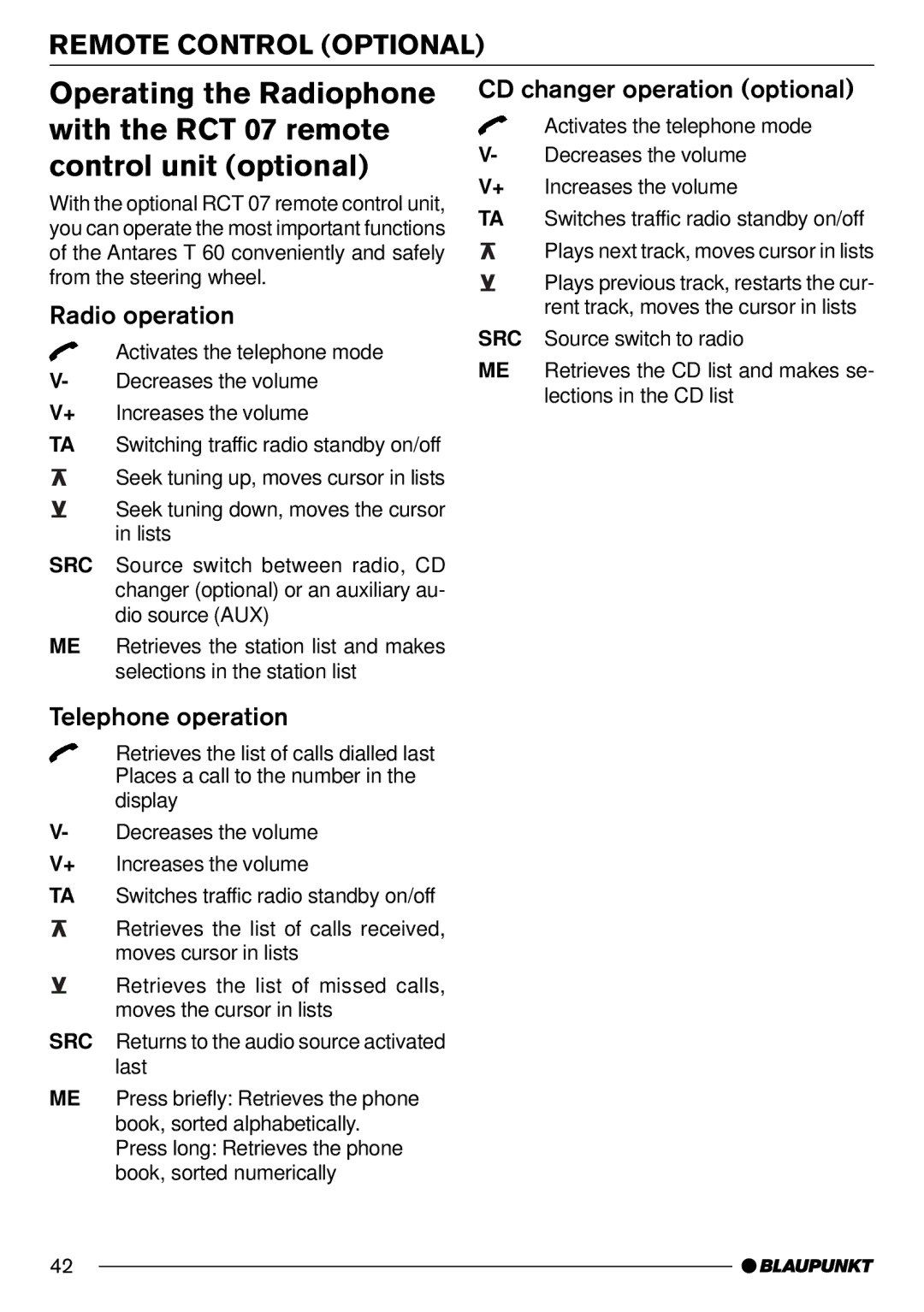 Blaupunkt AntaresT60 Remote Control Optional, Radio operation, Telephone operation, CD changer operation optional 
