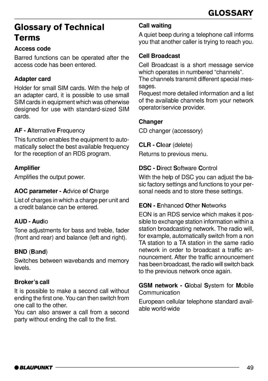 Blaupunkt AntaresT60 installation instructions Glossary of Technical Terms 