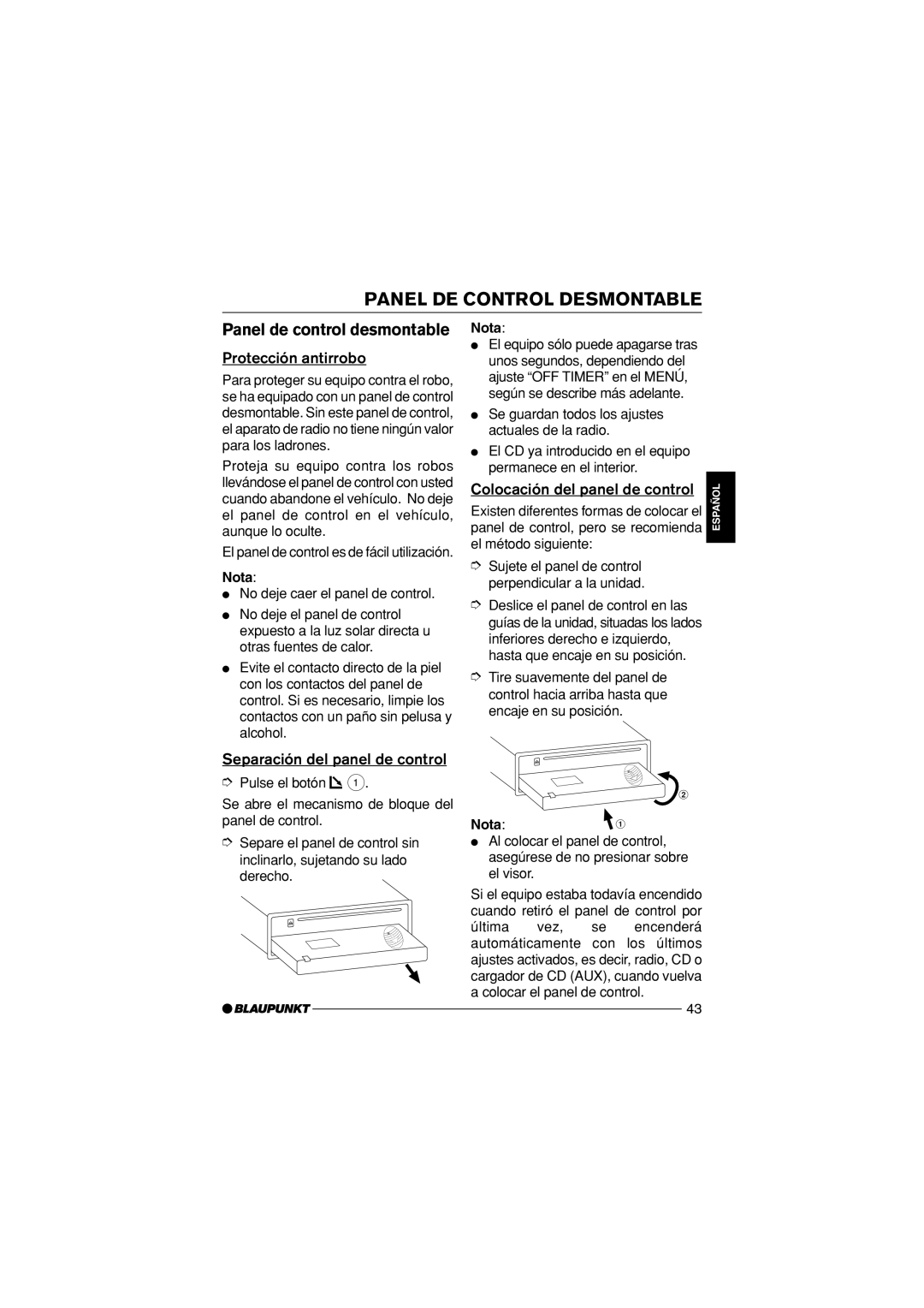 Blaupunkt Atlanta CD34, Venice Beach CD34 Panel DE Control Desmontable, Panel de control desmontable, Protección antirrobo 