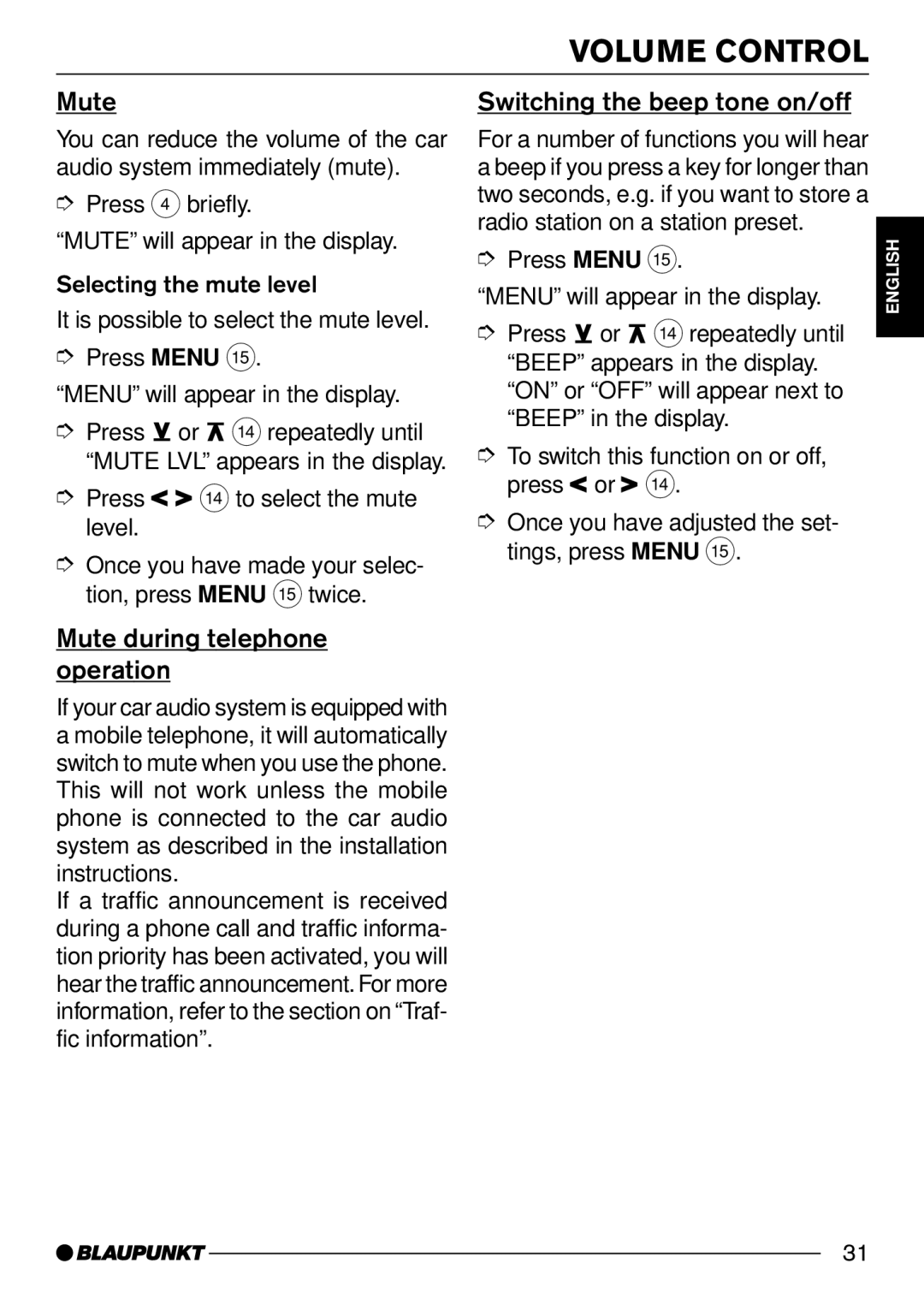 Blaupunkt ONTARIODJ30, AUGSBURG C30 Volume Control, Mute during telephone operation, Switching the beep tone on/off 