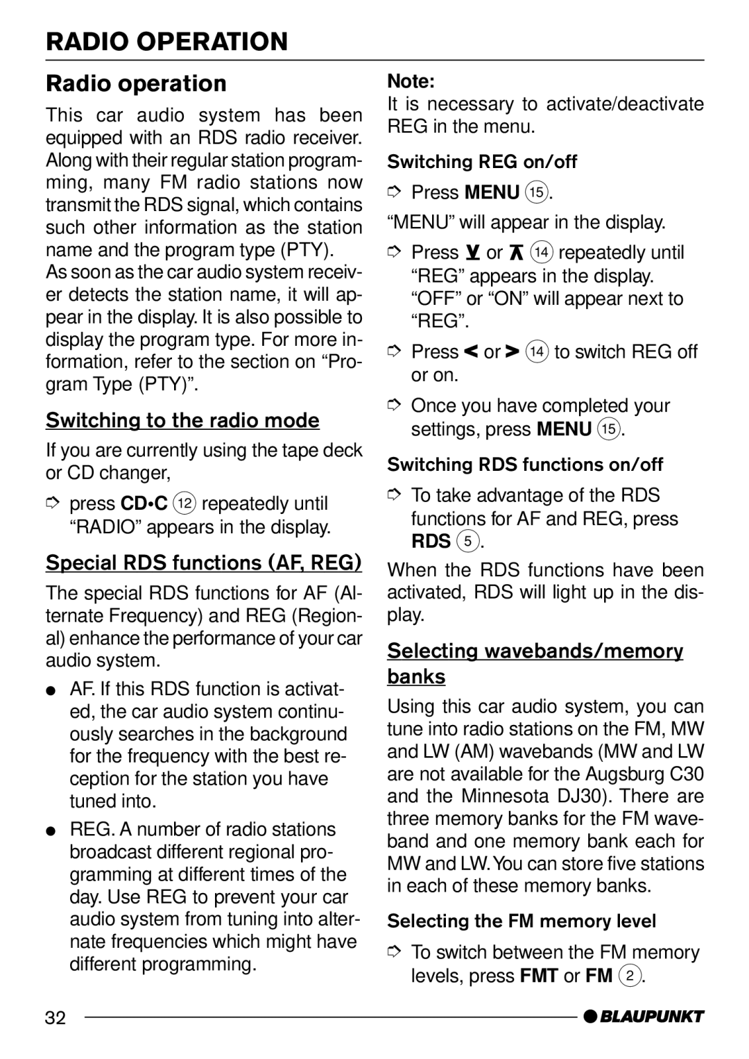 Blaupunkt AUGSBURG C30 Radio Operation, Radio operation, Switching to the radio mode, Special RDS functions AF, REG 