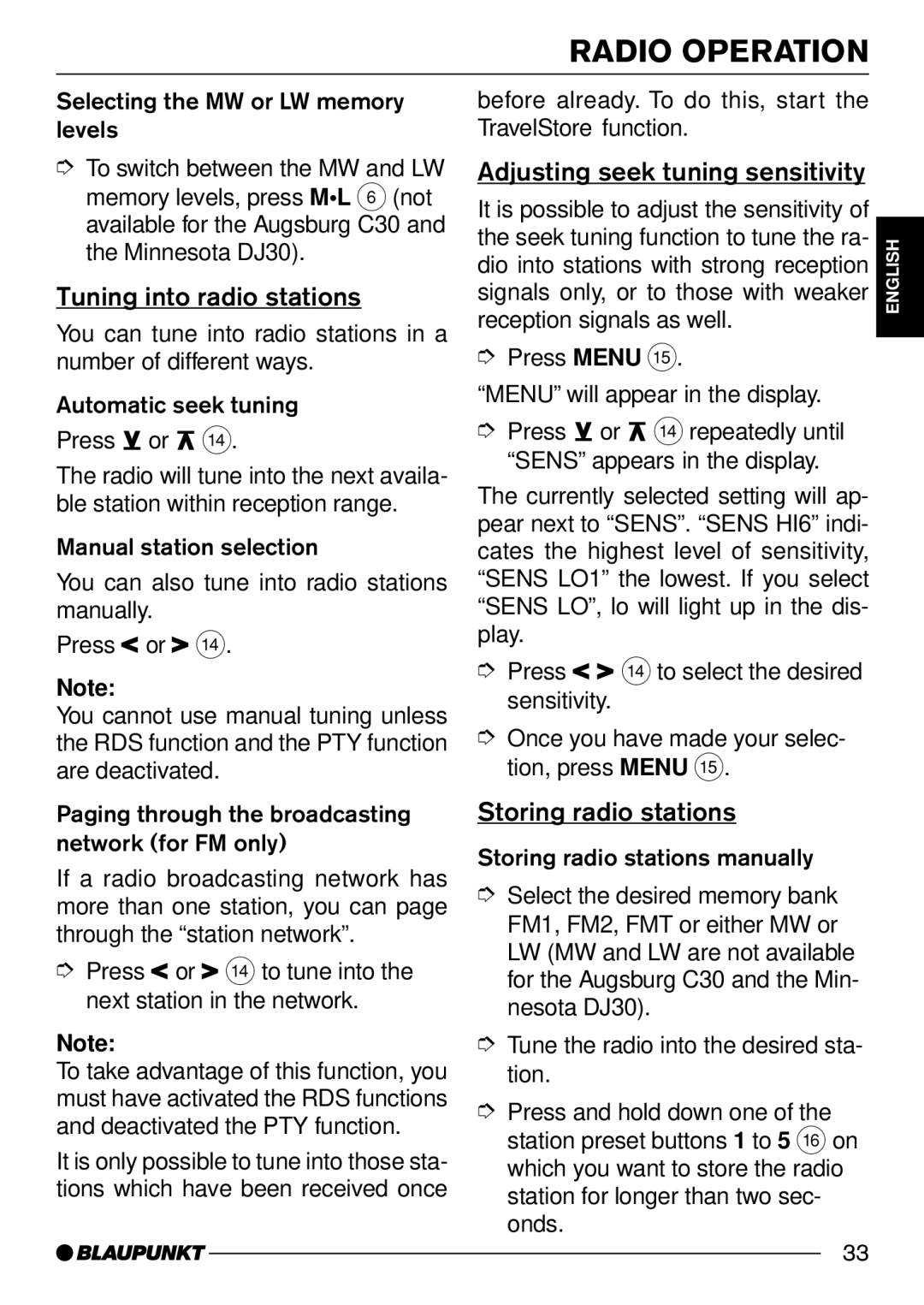 Blaupunkt MINNESOTADJ30, BOSTONC30 Tuning into radio stations, Adjusting seek tuning sensitivity, Storing radio stations 