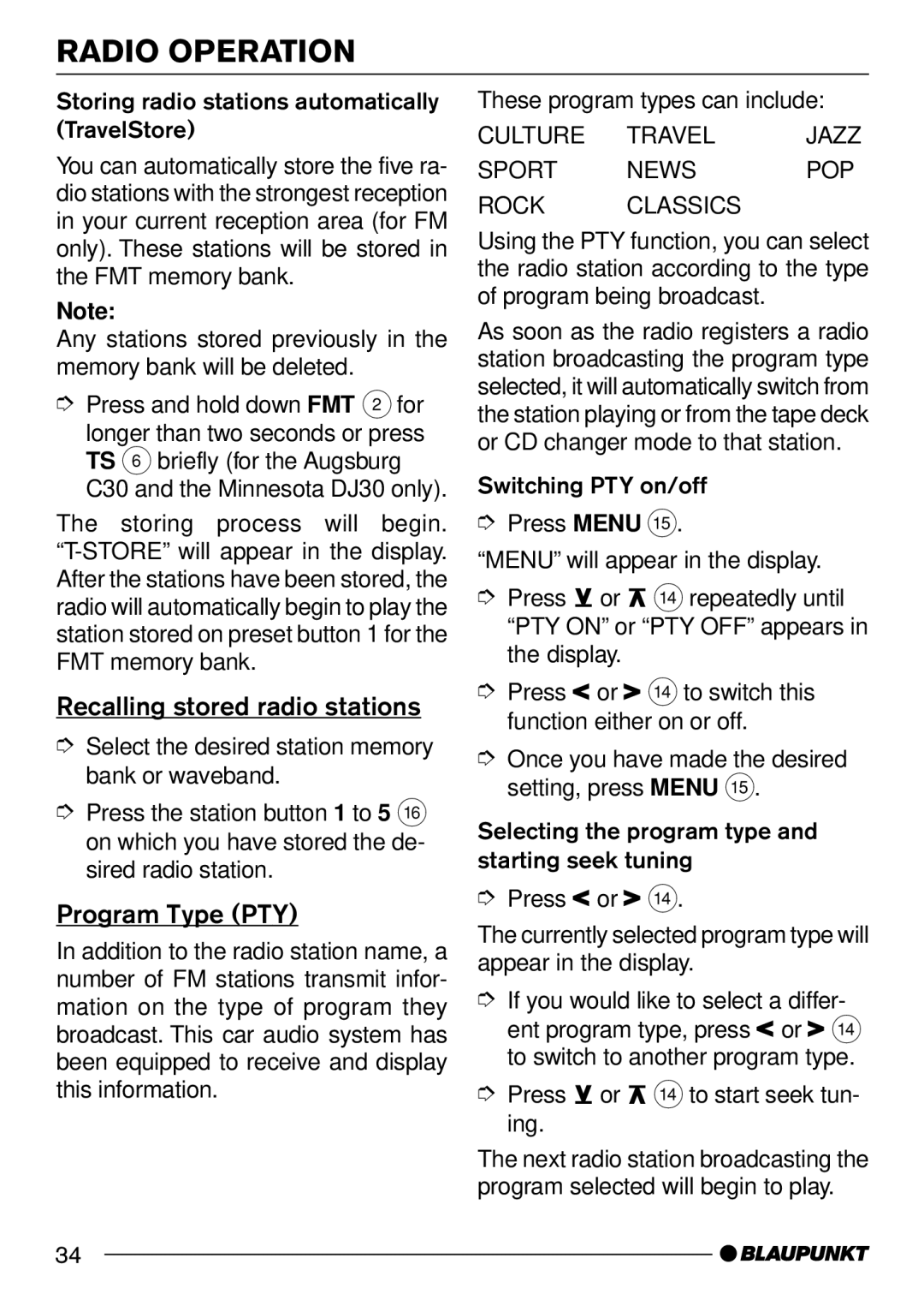 Blaupunkt BOSTONC30, AUGSBURG C30, MINNESOTADJ30, DUBLIN C30, MONTREUX C30 Recalling stored radio stations, Program Type PTY 