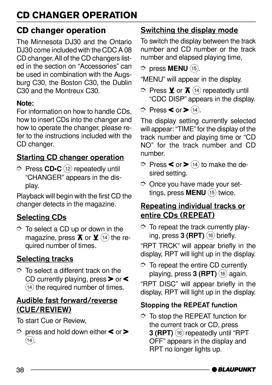 Blaupunkt AUGSBURG C30, MINNESOTADJ30, BOSTONC30, DUBLIN C30, MONTREUX C30 CD Changer Operation, CD changer operation 