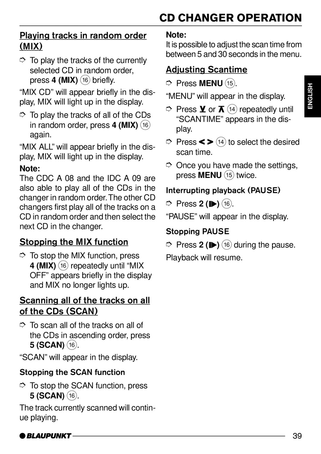 Blaupunkt MINNESOTADJ30, AUGSBURG C30 Playing tracks in random order MIX, Stopping the MIX function, Adjusting Scantime 