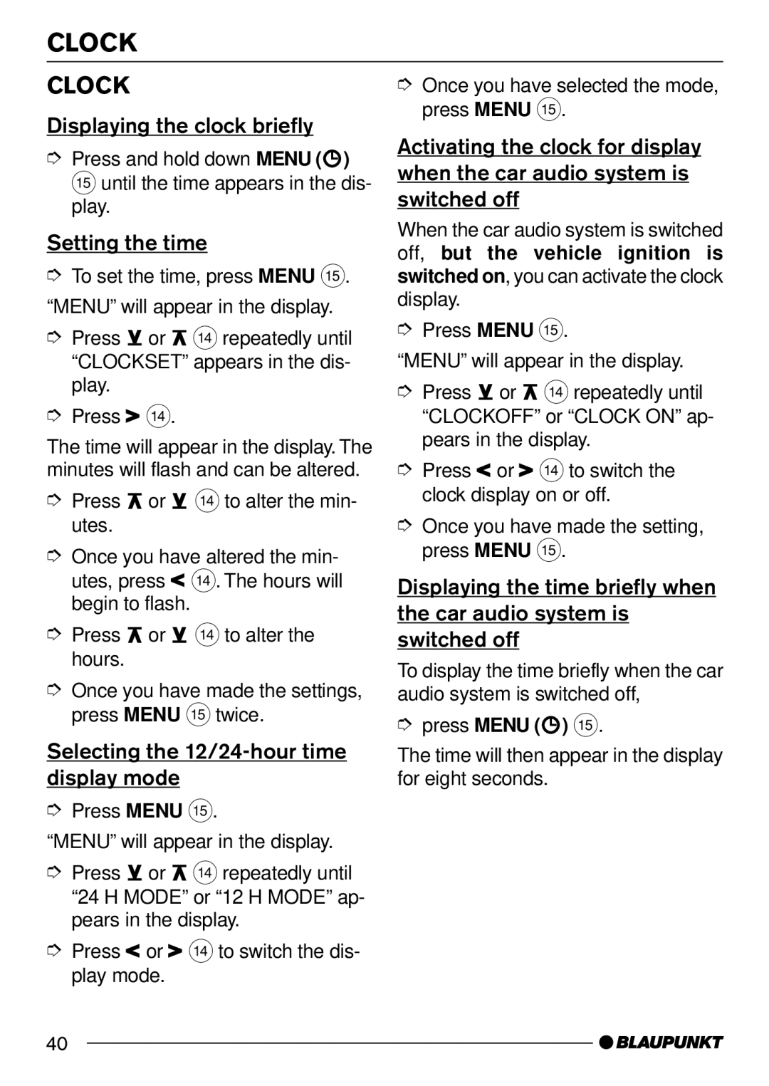 Blaupunkt BOSTONC30 Clock, Displaying the clock briefly, Setting the time, Selecting the 12/24-hour time display mode 