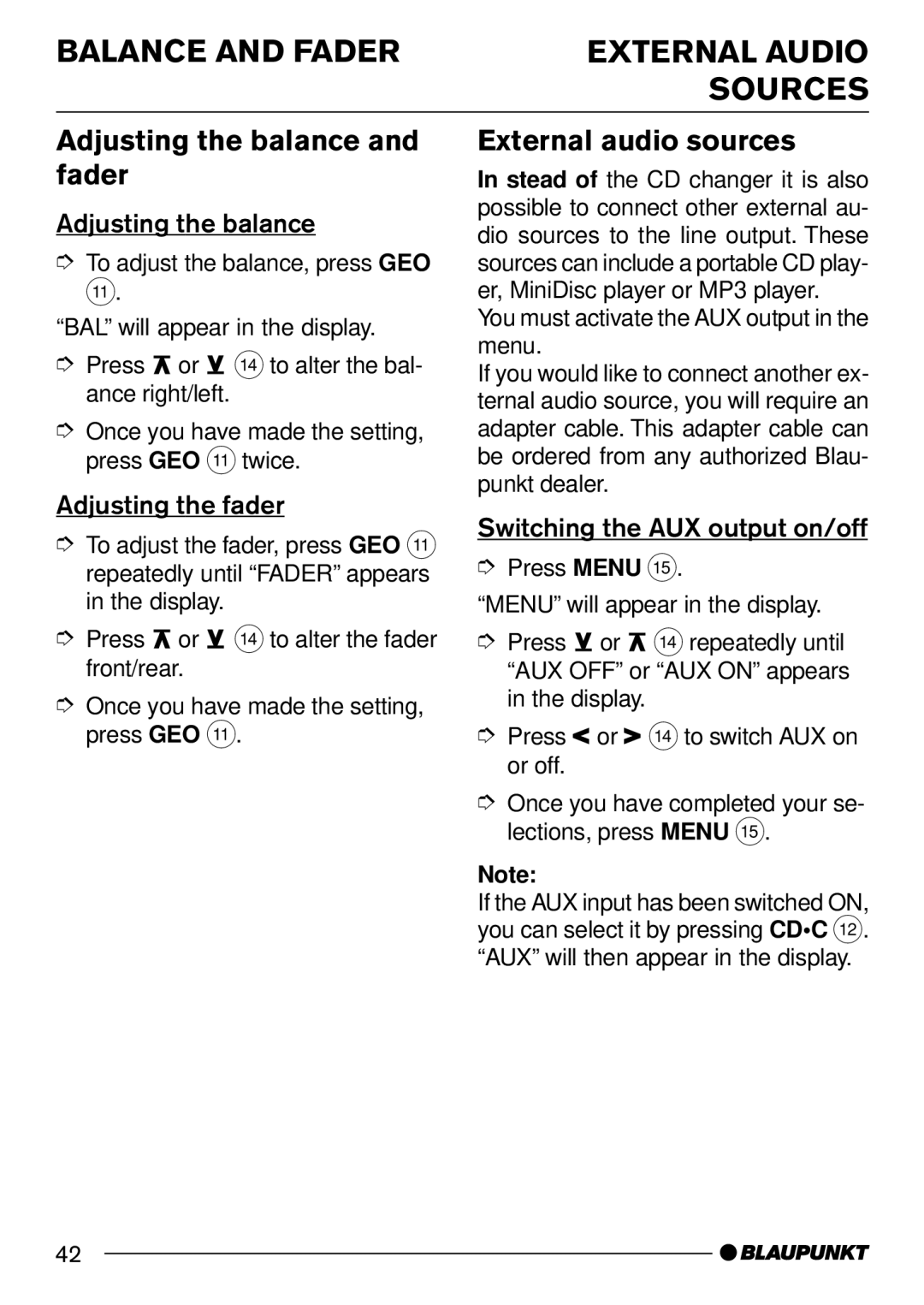 Blaupunkt MONTREUX C30 Balance and Fader External Audio Sources, Adjusting the balance and fader, External audio sources 