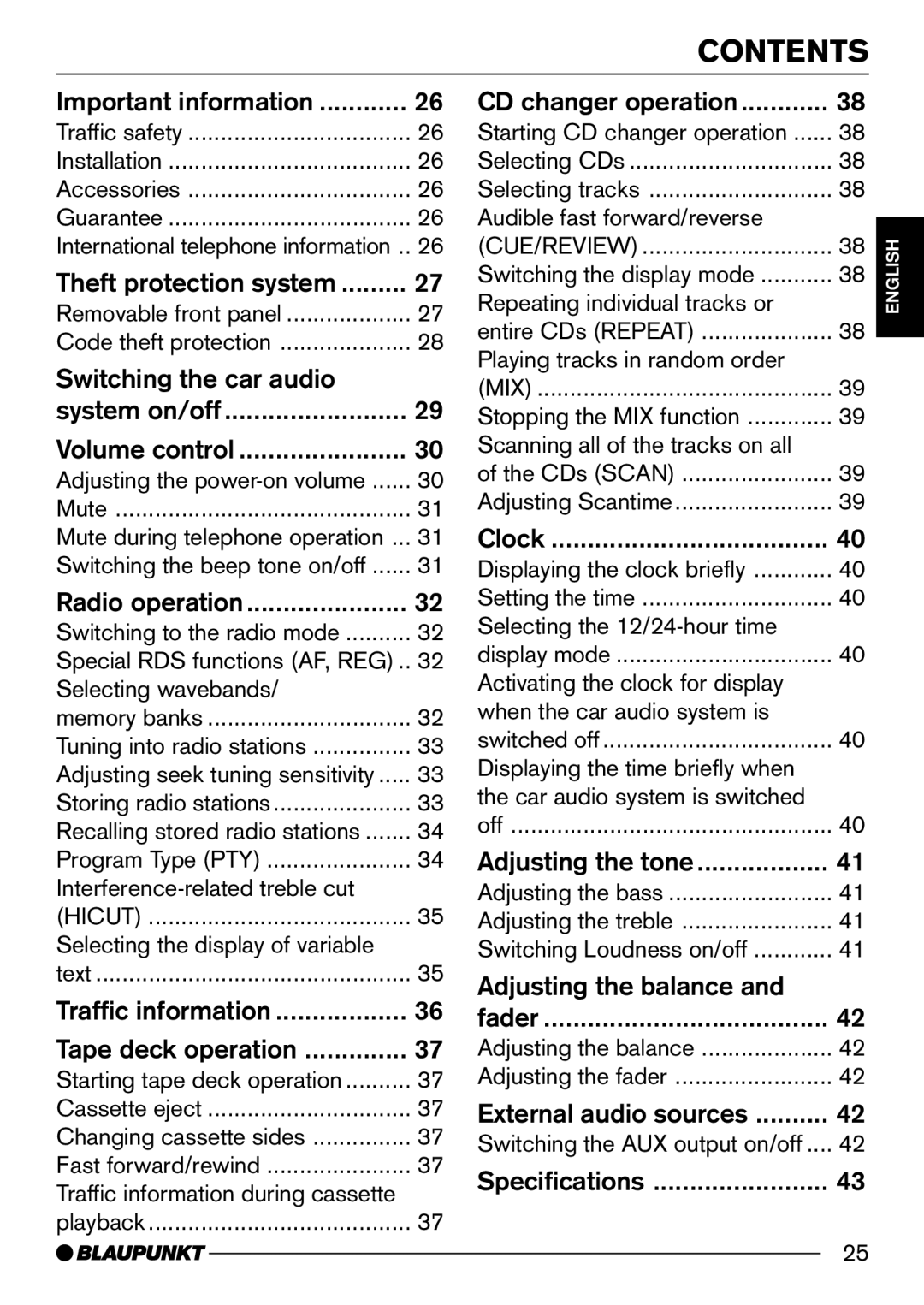 Blaupunkt ONTARIODJ30, AUGSBURG C30, MINNESOTADJ30, BOSTONC30, DUBLIN C30, MONTREUX C30 operating instructions Contents 