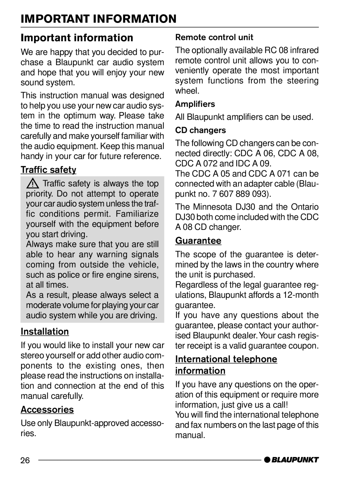 Blaupunkt AUGSBURG C30, MINNESOTADJ30, BOSTONC30, DUBLIN C30, MONTREUX C30 Important Information, Important information 