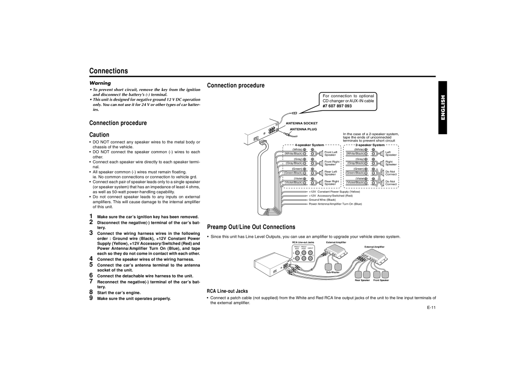 Blaupunkt AUSTIN CD41 manual Connection procedure, Preamp Out/Line Out Connections 