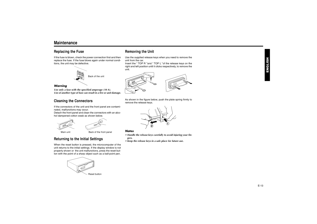 Blaupunkt AUSTIN CD41 manual Maintenance, Replacing the Fuse, Cleaning the Connectors, Removing the Unit 