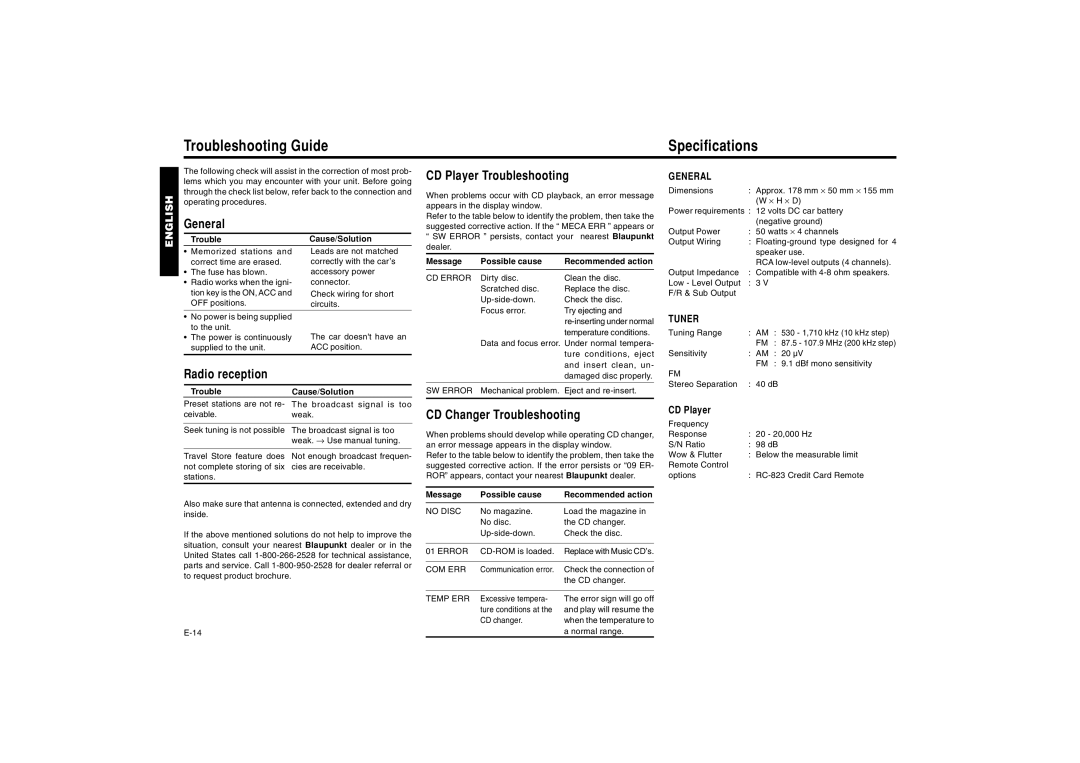 Blaupunkt AUSTIN CD41 manual Troubleshooting Guide Specifications, General, Radio reception, CD Player Troubleshooting 