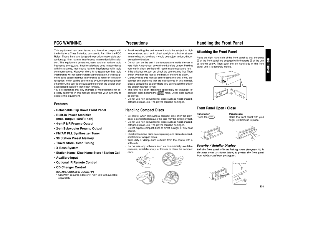 Blaupunkt AUSTIN CD41 manual Precautions Handling the Front Panel, Features Detachable Flip Down Front Panel 