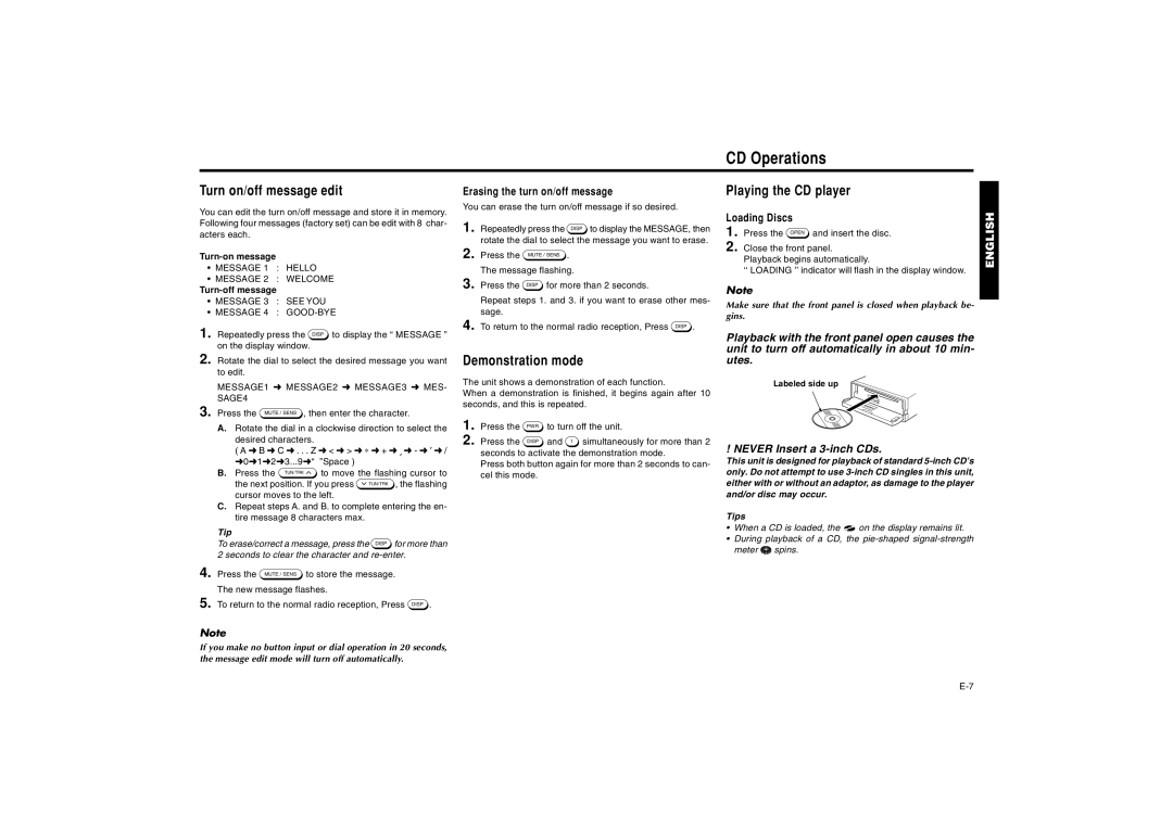 Blaupunkt AUSTIN CD41 manual CD Operations, Turn on/off message edit, Demonstration mode, Playing the CD player, Tips 