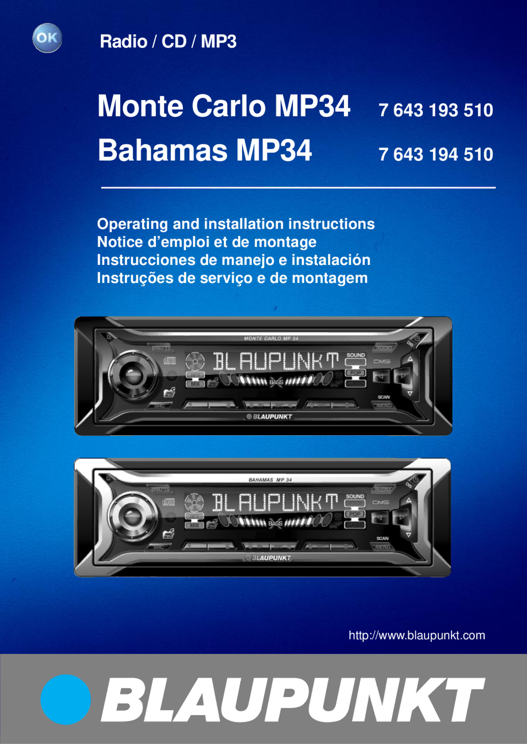 Blaupunkt Bahamas MP34 installation instructions Monte Carlo MP34 