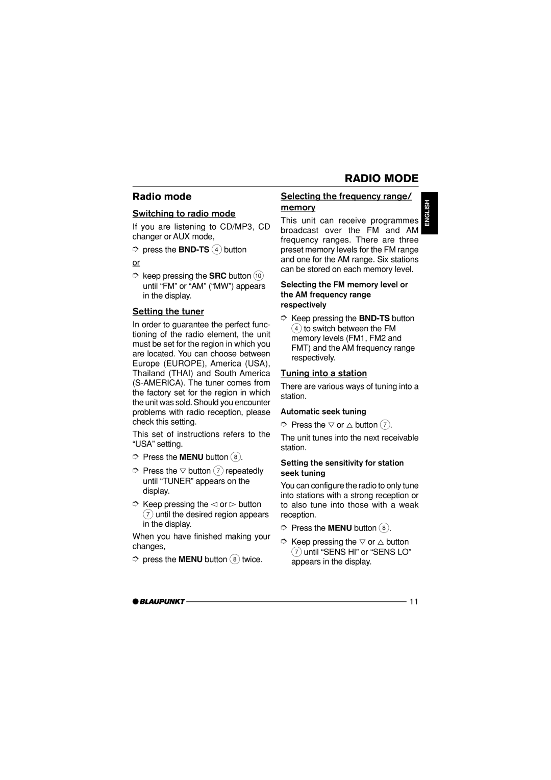 Blaupunkt Bahamas MP34 installation instructions Radio Mode, Radio mode 