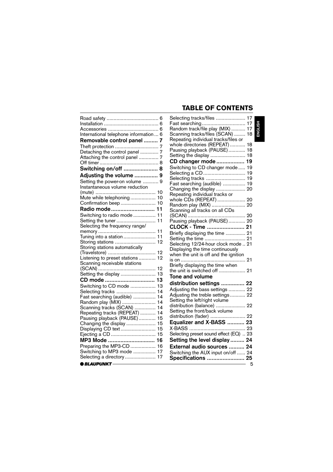 Blaupunkt Bahamas MP34 installation instructions Table of Contents 