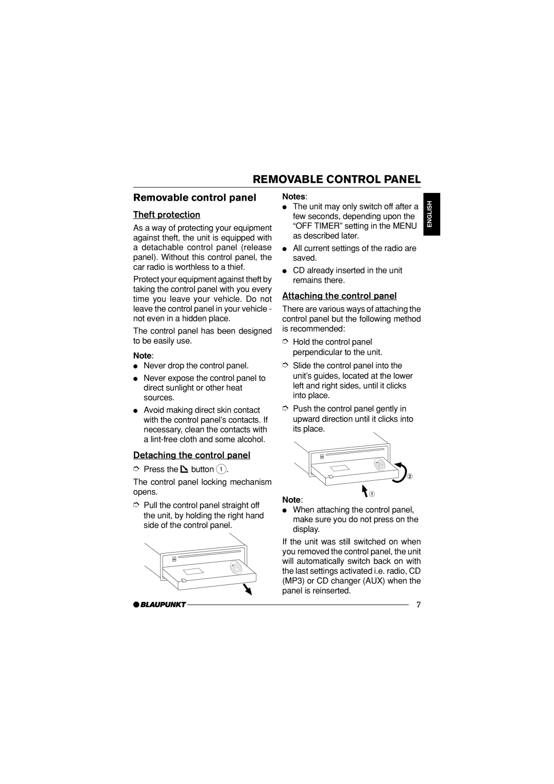 Blaupunkt MP34 Removable Control Panel, Removable control panel, Theft protection, Detaching the control panel 