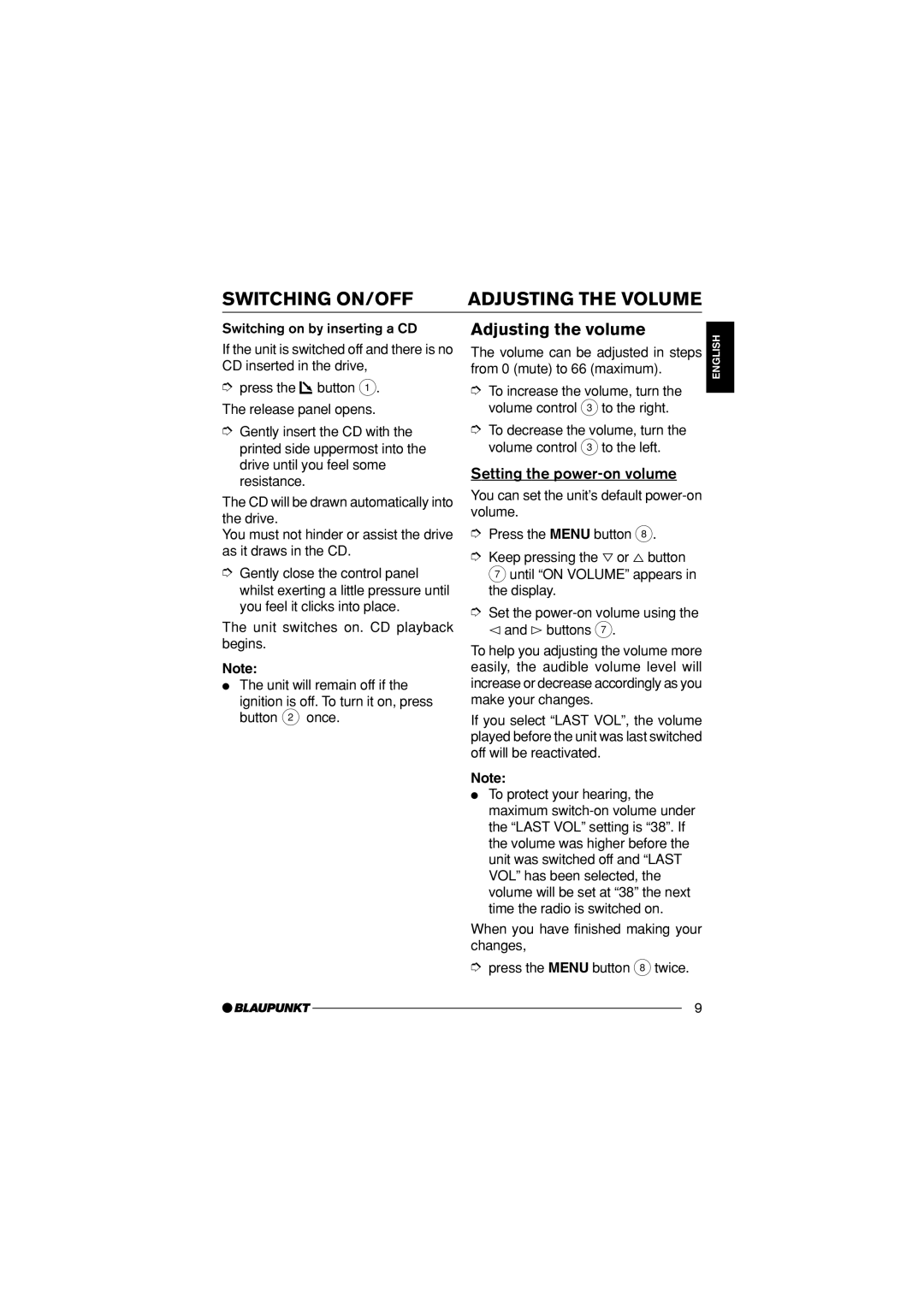 Blaupunkt Bahamas MP34 installation instructions Adjusting the volume, Setting the power-on volume 