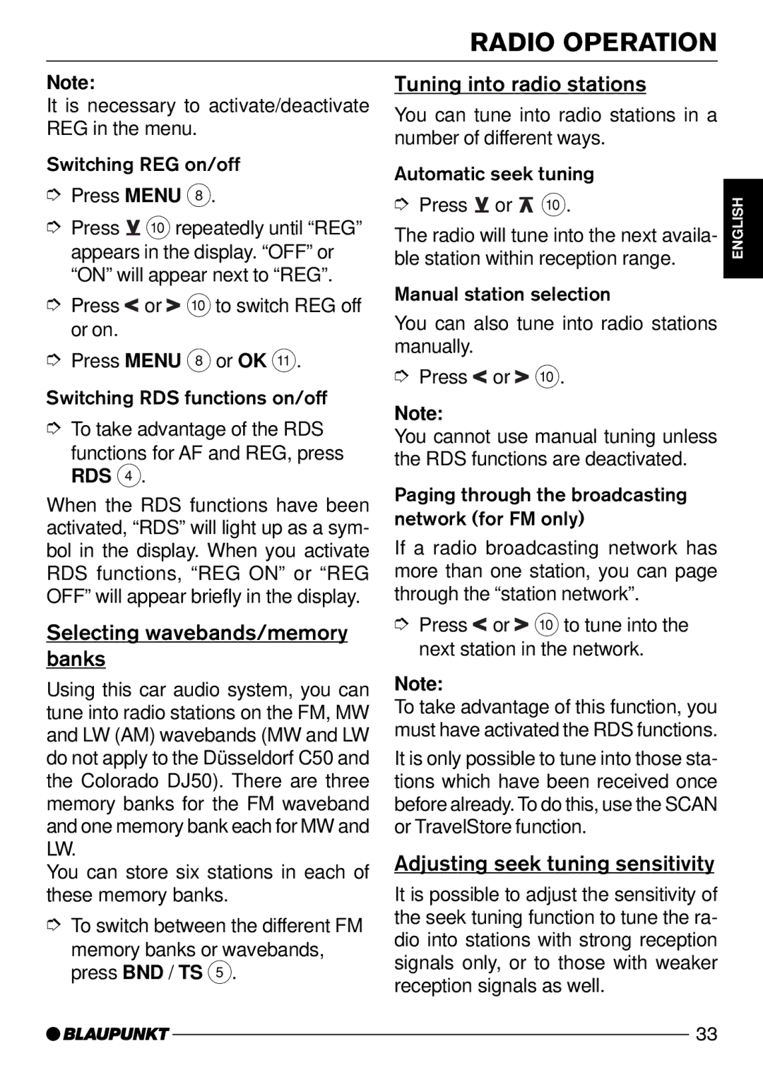 Blaupunkt Colorado DJ50 Tuning into radio stations, Selecting wavebands/memory, Banks, Adjusting seek tuning sensitivity 