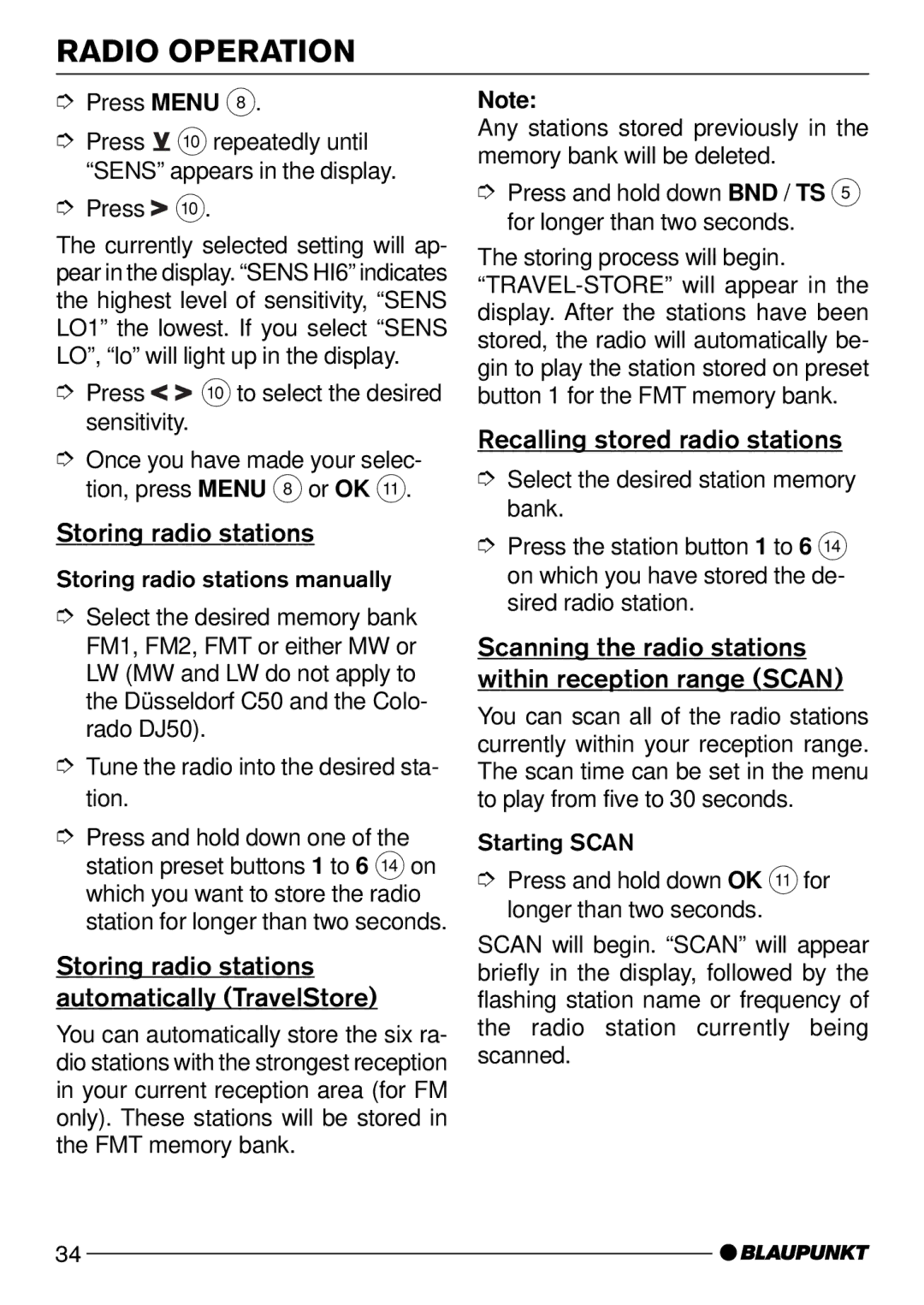 Blaupunkt Bologna C50, Carolina DJ50 Storing radio stations automatically TravelStore, Recalling stored radio stations 