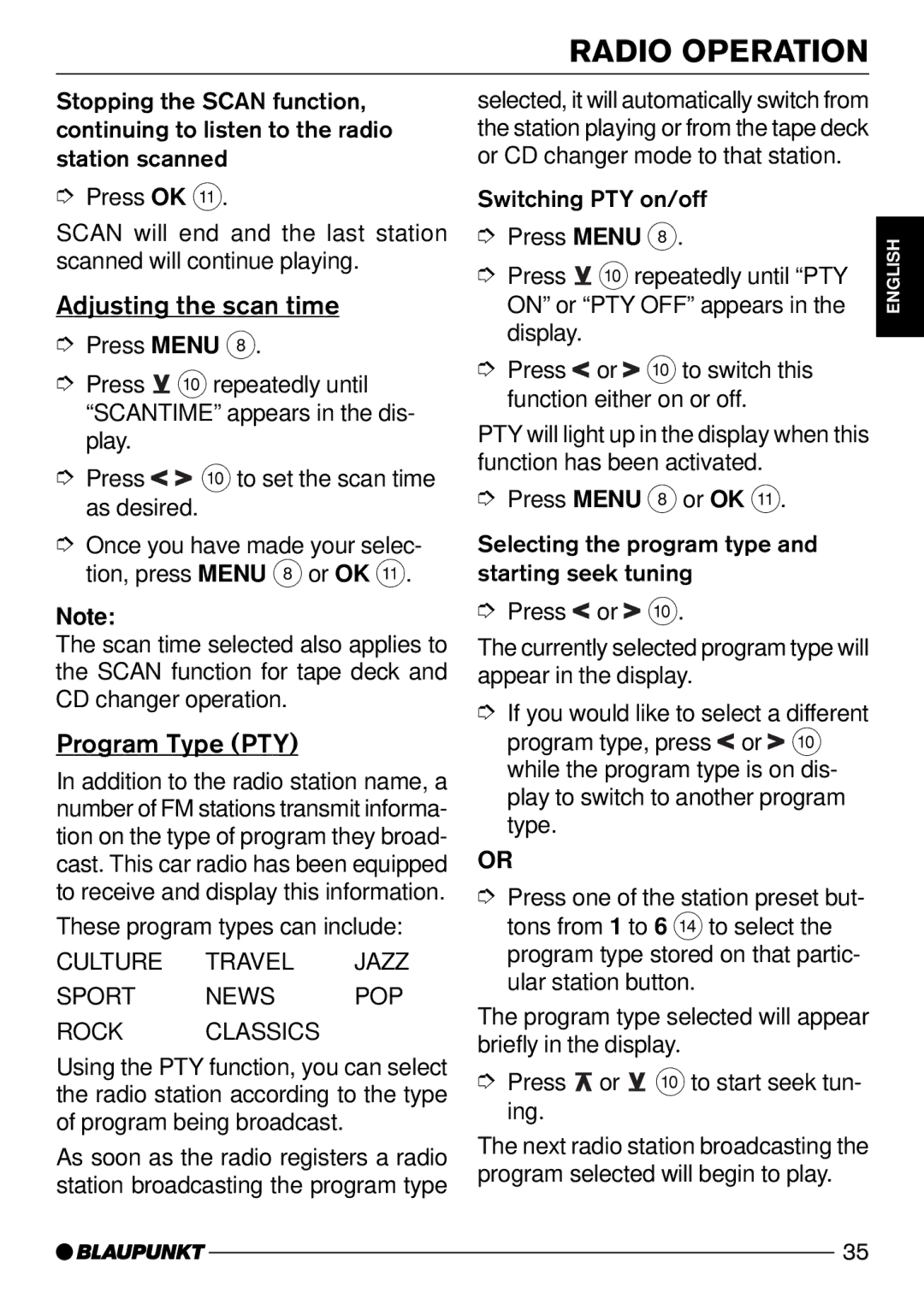 Blaupunkt Carolina DJ50, Bologna C50, Dsseldorf C50, Colorado DJ50 Adjusting the scan time, Program Type PTY 