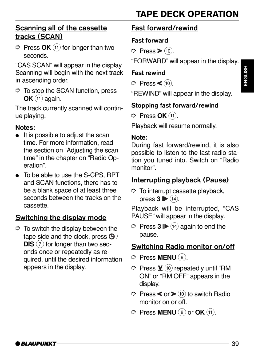 Blaupunkt Carolina DJ50 Scanning all of the cassette tracks Scan, Switching the display mode, Fast forward/rewind 