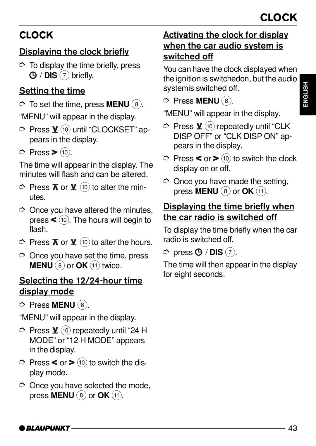 Blaupunkt Carolina DJ50 Clock, Displaying the clock briefly, Setting the time, Selecting the 12/24-hour time display mode 