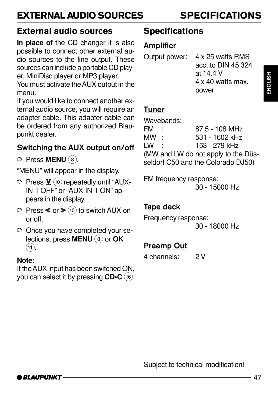 Blaupunkt Carolina DJ50, Bologna C50, Dsseldorf C50 External Audio Sources Specifications, External audio sources 