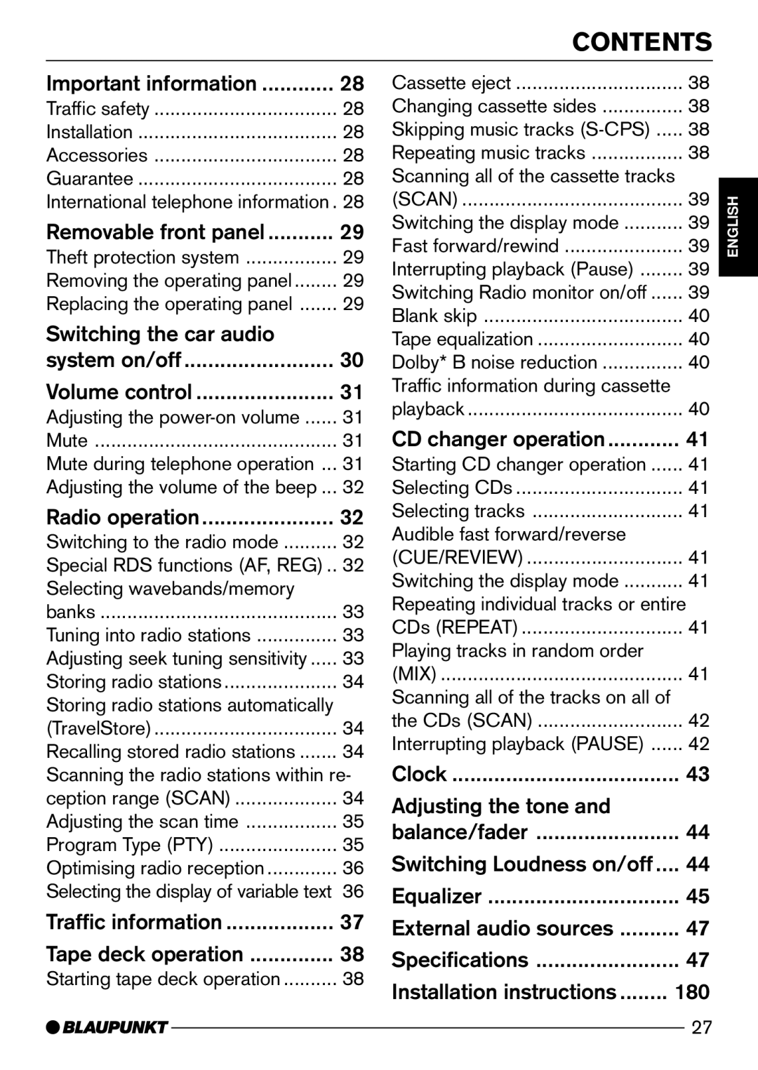 Blaupunkt Carolina DJ50, Bologna C50, Dsseldorf C50, Colorado DJ50 operating instructions Contents 