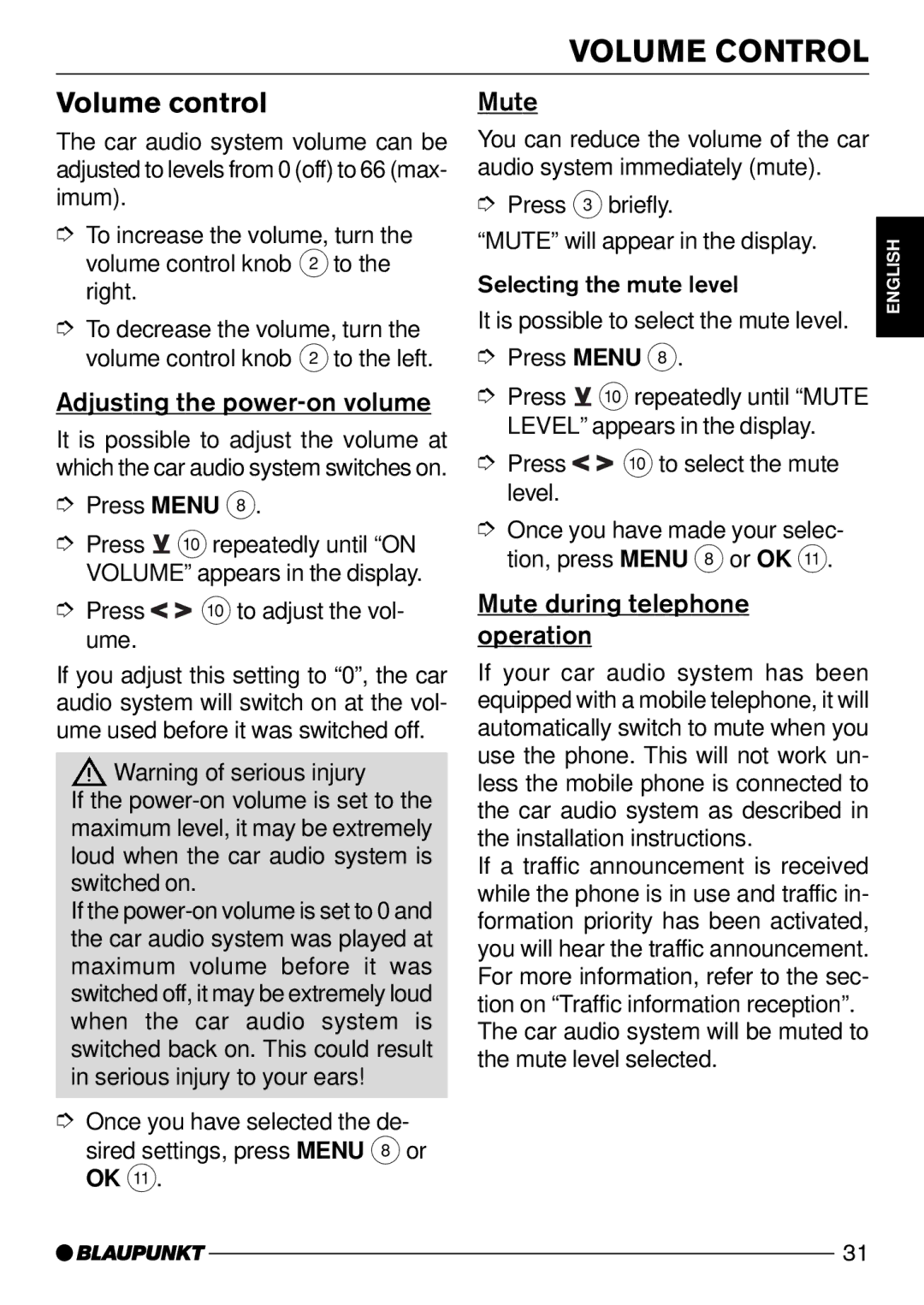 Blaupunkt Carolina DJ50, Bologna C50, Dsseldorf C50, Colorado DJ50 operating instructions Volume Control, Volume control 