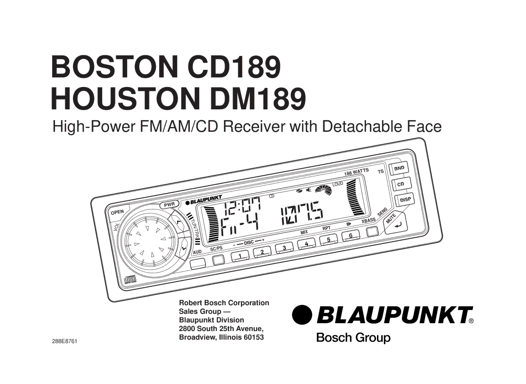 Blaupunkt HOUSTON DM189, BOSTON CD189 manual Boston CD189 Houston DM189, 288E8761 