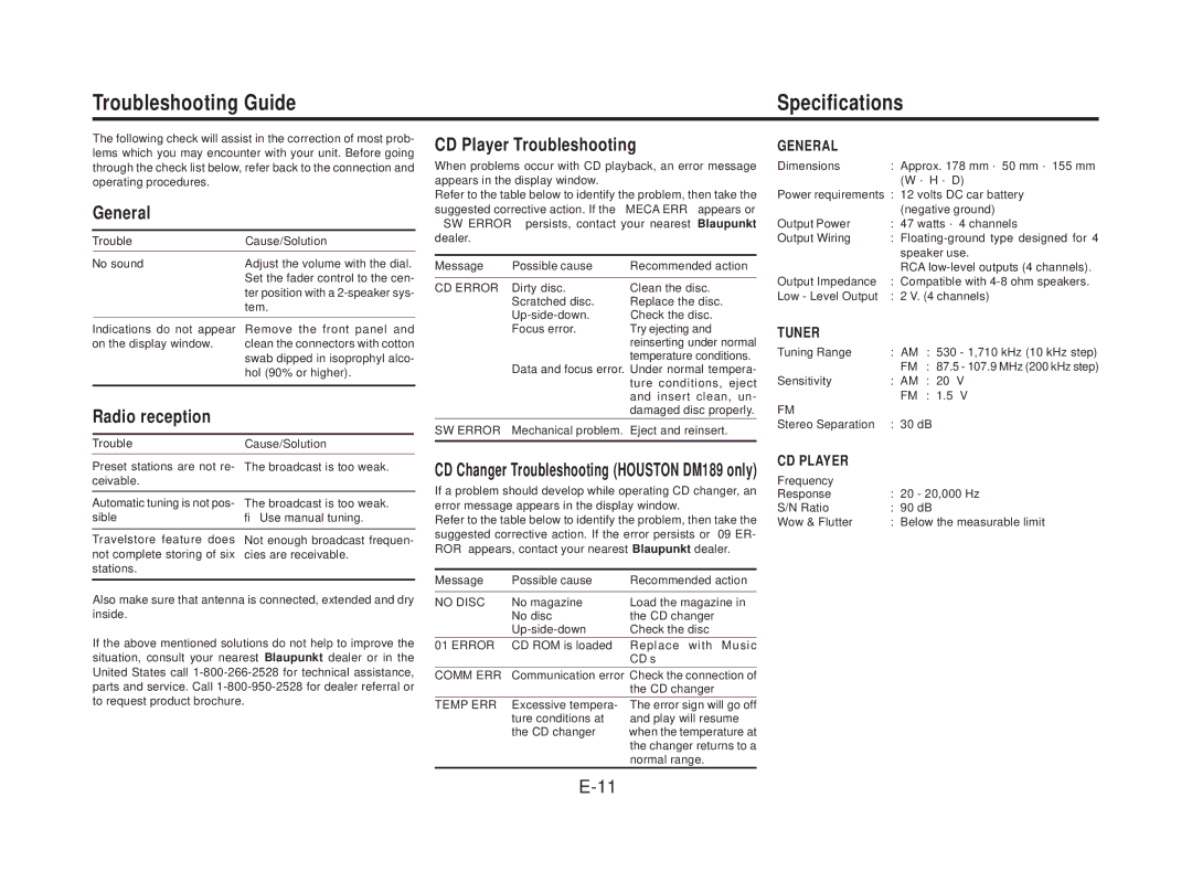 Blaupunkt BOSTON CD189 manual Troubleshooting Guide Specifications, General, Radio reception, CD Player Troubleshooting 