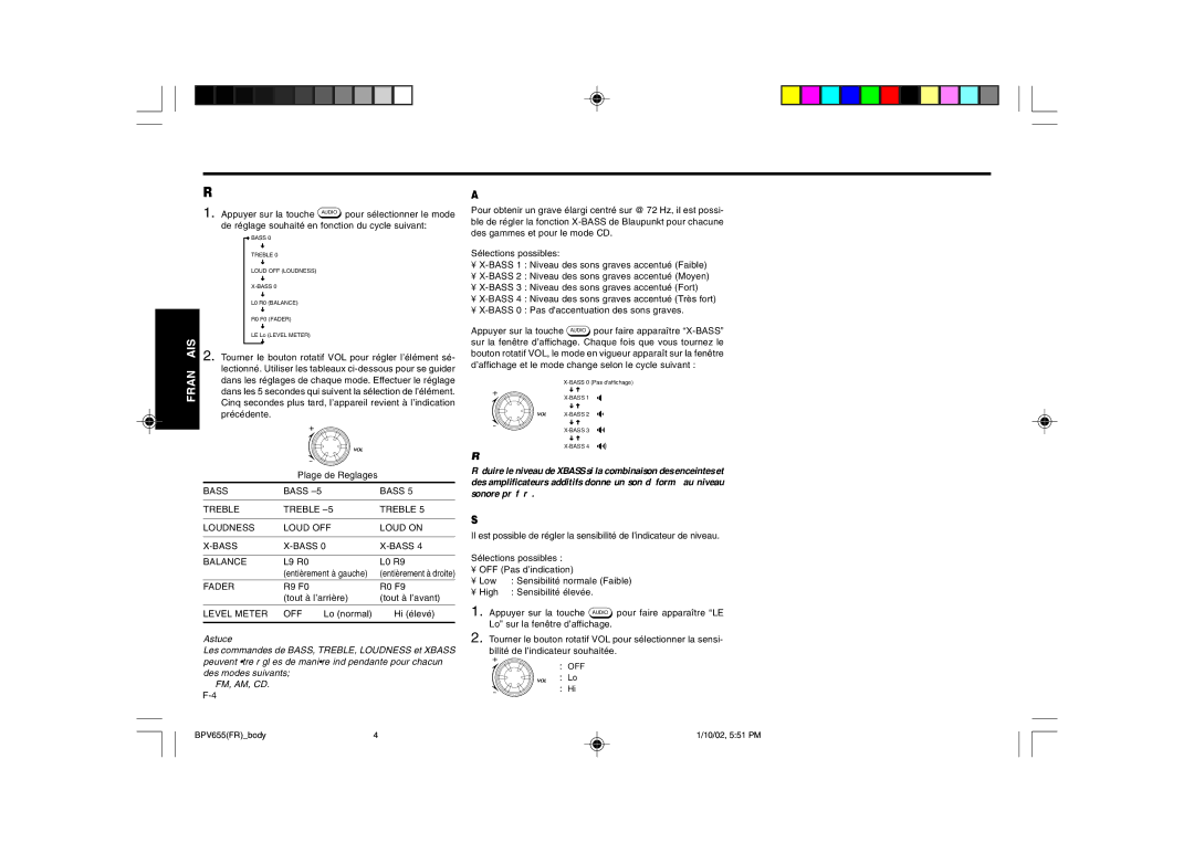 Blaupunkt BPV 655 manual Réglage des caractéristiques sonores, Remarque, Astuce 