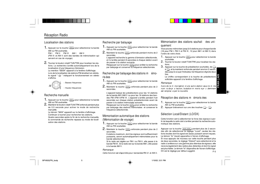 Blaupunkt BPV 655 manual Réception Radio 