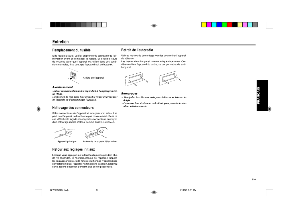 Blaupunkt BPV 655 manual Entretien, Remplacement du fusible, Nettoyage des connecteurs, Retrait de l’autoradio 