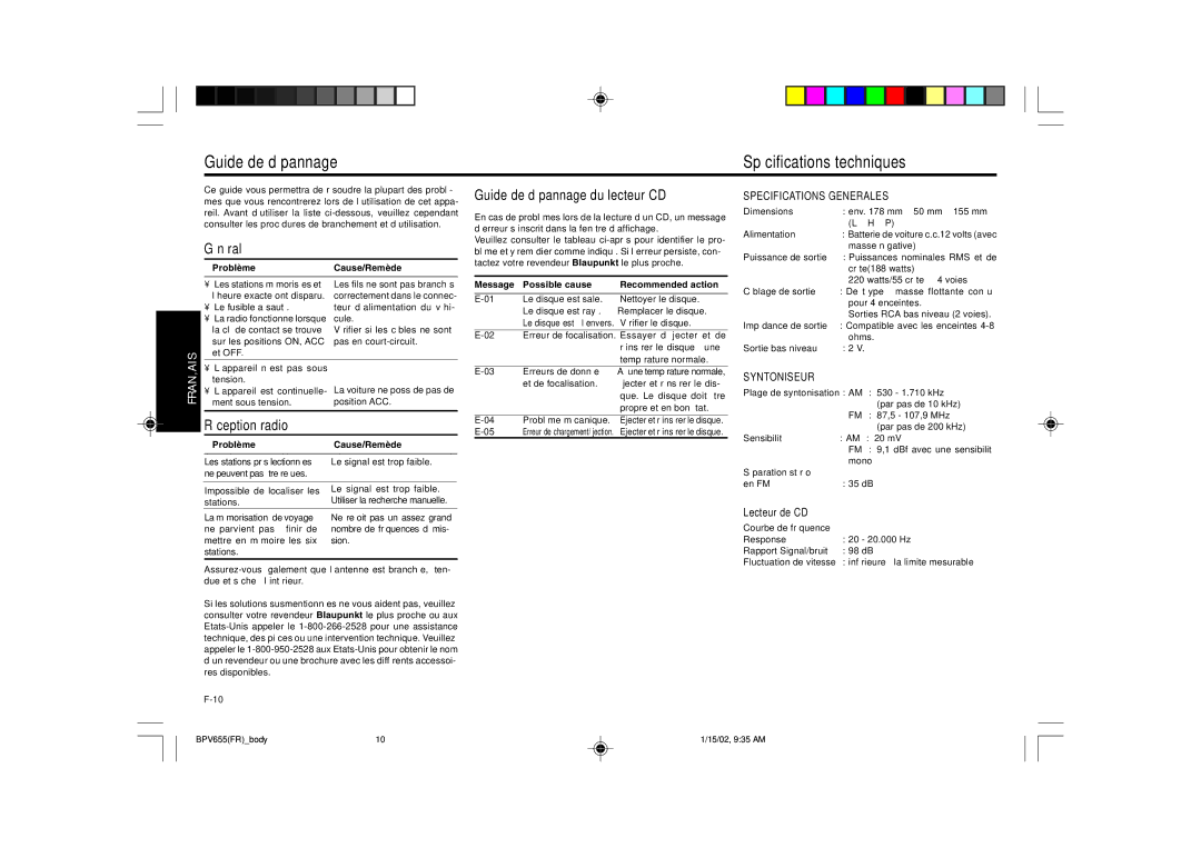 Blaupunkt BPV 655 Guide de dépannage Spécifications techniques, Général, Réception radio, Guide de dépannage du lecteur CD 