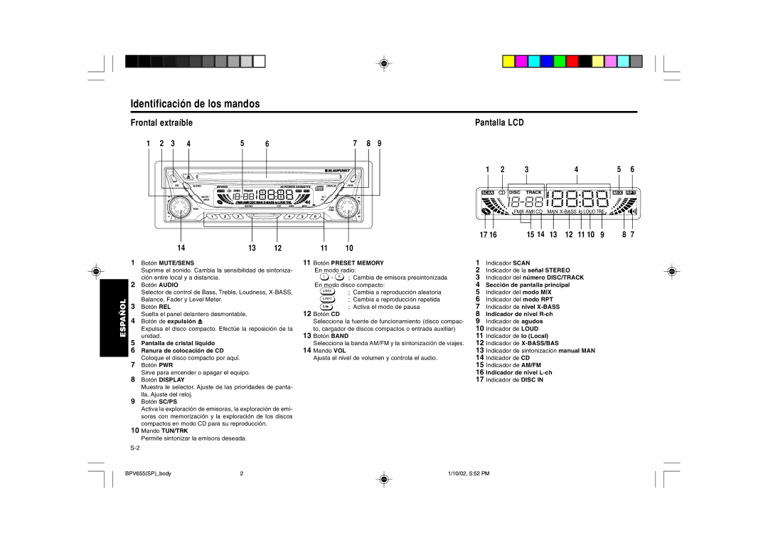 Blaupunkt BPV 655 manual Identificación de los mandos, Frontal extraíble, Pantalla LCD 