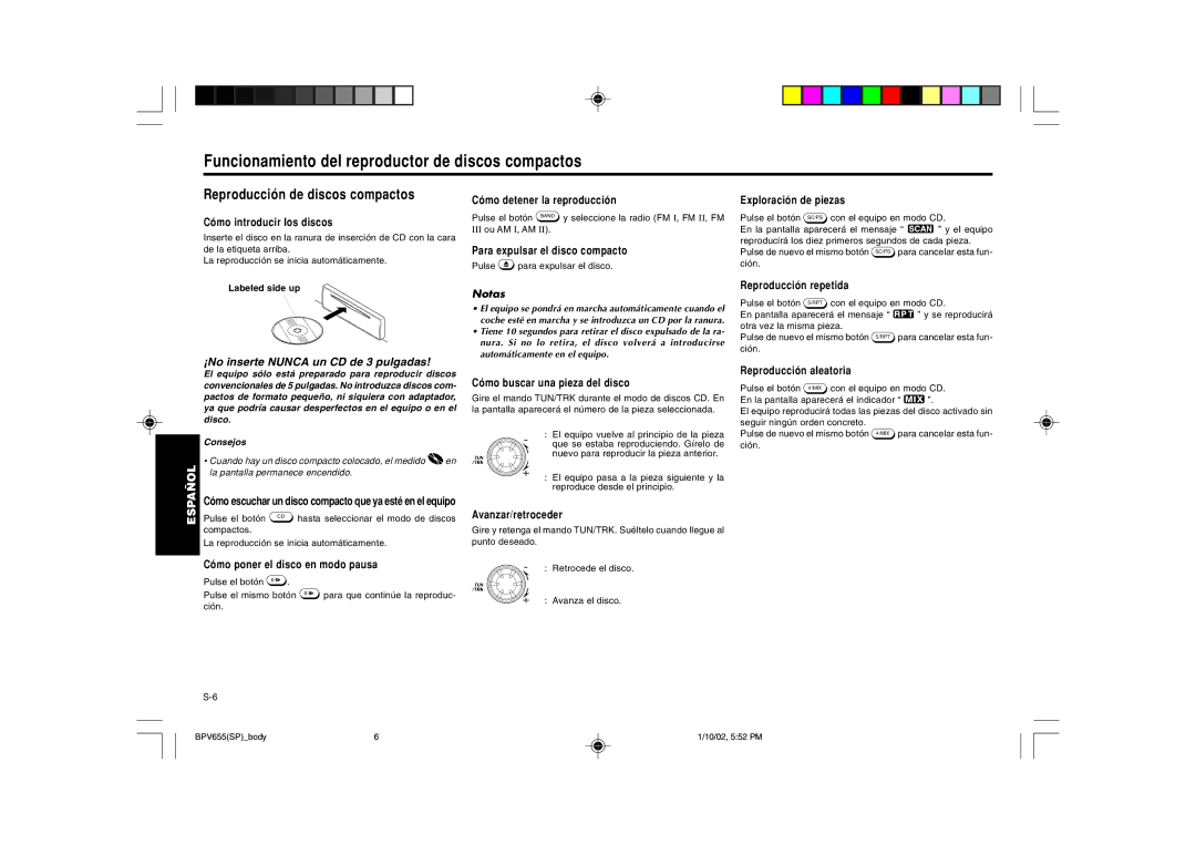 Blaupunkt BPV 655 manual Funcionamiento del reproductor de discos compactos, Reproducción de discos compactos 