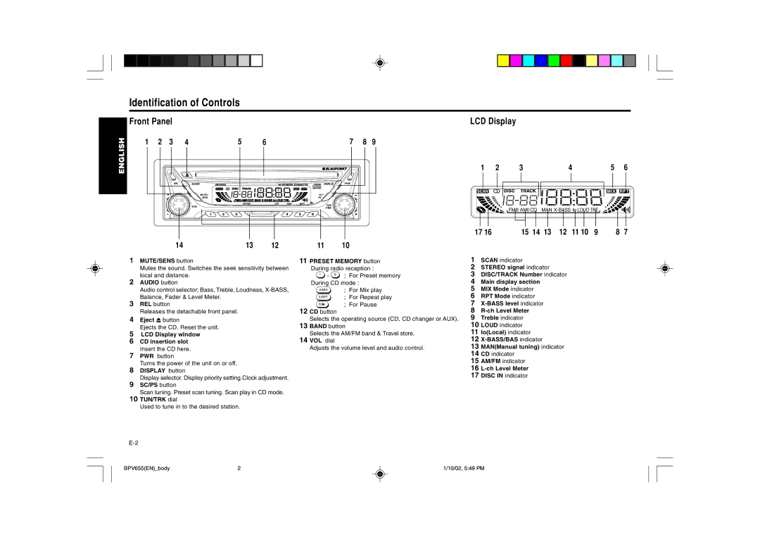 Blaupunkt BPV 655 manual Identification of Controls, Front Panel, LCD Display 