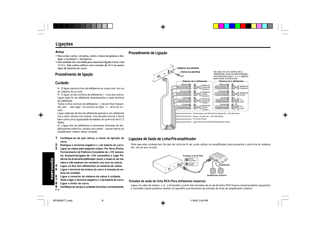 Blaupunkt BPV 655 manual Ligações, Procedimento de ligação Cuidado Procedimento de Ligação, Aviso 