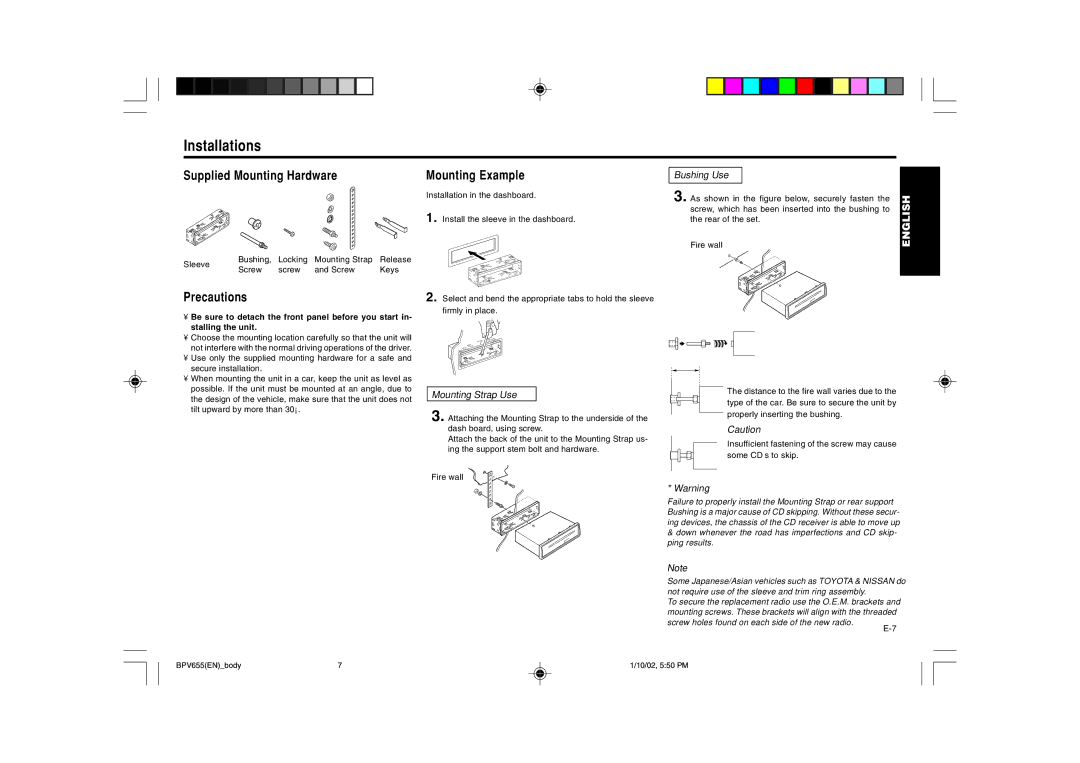 Blaupunkt BPV 655 Installations, Supplied Mounting Hardware, Precautions Mounting Example, Bushing Use, Mounting Strap Use 