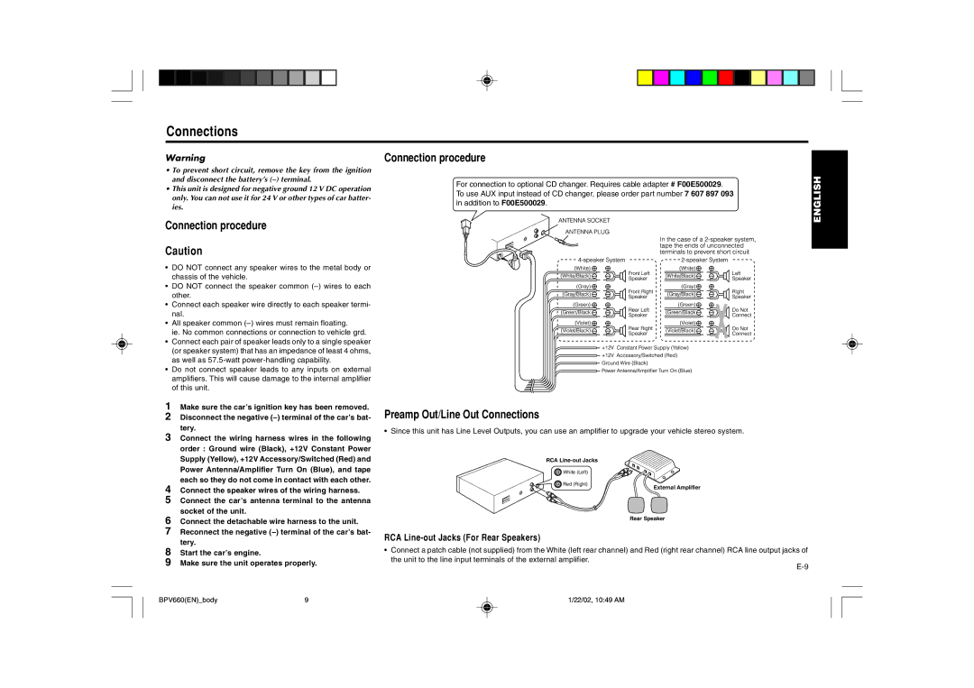 Blaupunkt BPV 660 manual Connection procedure, Preamp Out/Line Out Connections, RCA Line-out Jacks For Rear Speakers 