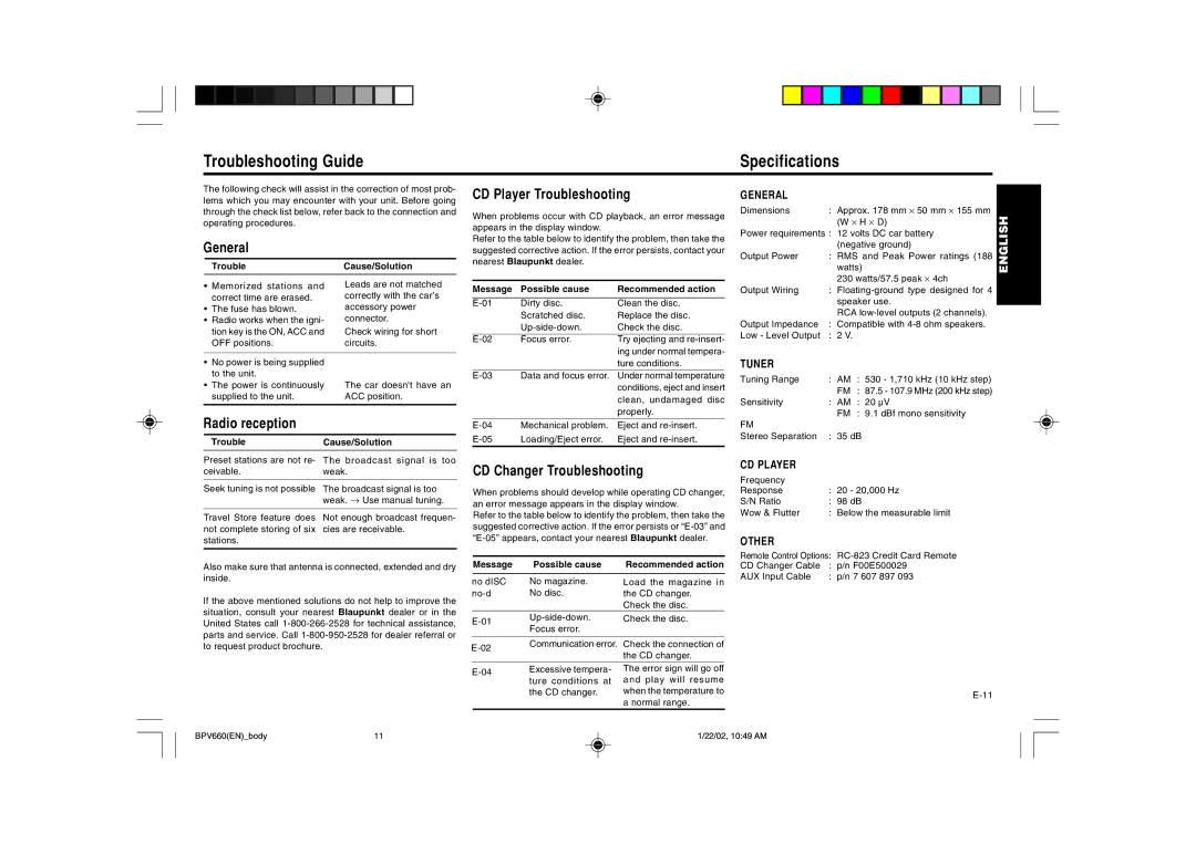 Blaupunkt BPV 660 manual Troubleshooting Guide Specifications, General, Radio reception, CD Player Troubleshooting 