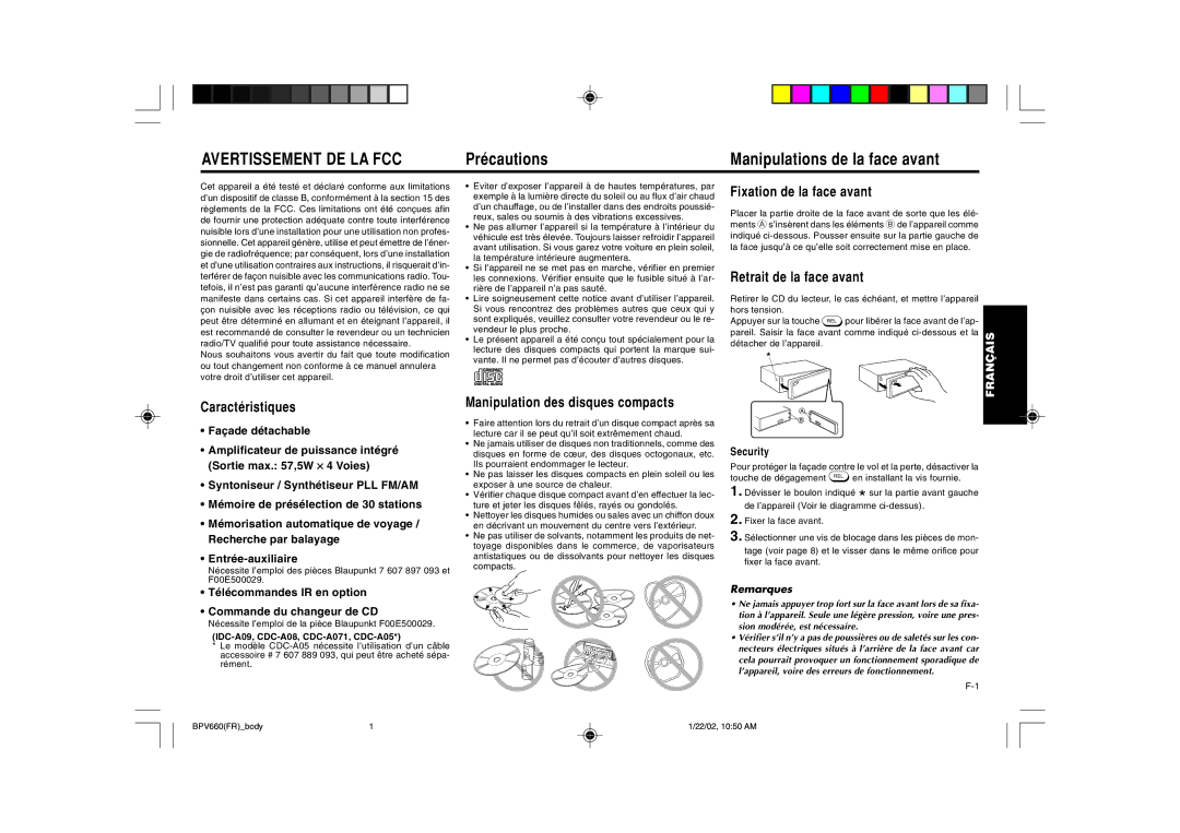 Blaupunkt BPV 660 manual Précautions Manipulations de la face avant 