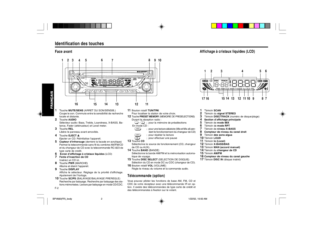 Blaupunkt BPV 660 manual Identification des touches, Face avant Affichage à cristaux liquides LCD, Télécommande option 